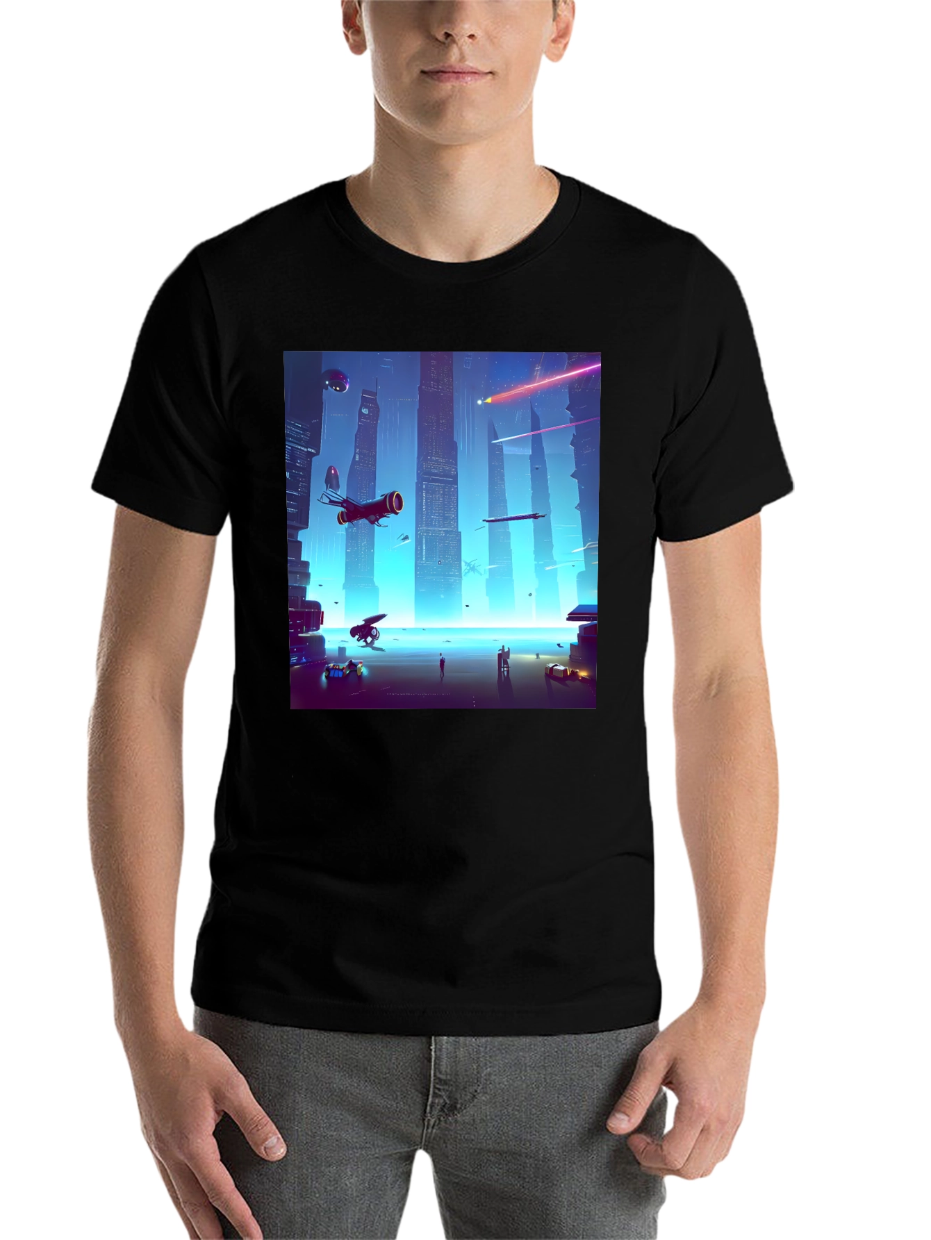 Black Sci-Fi Cityscape Black T-Shirt view 7