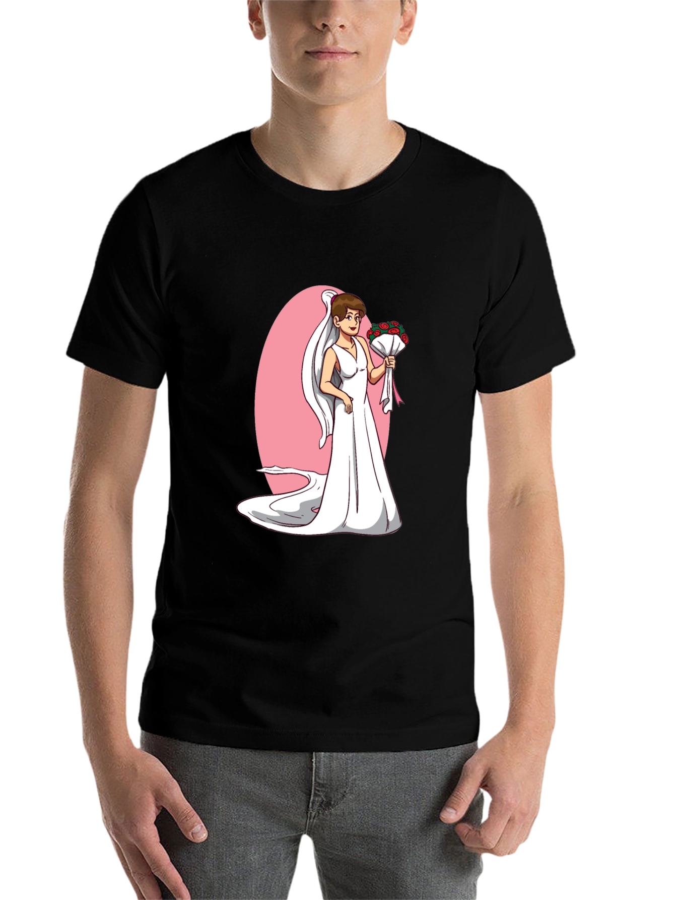 Black Bride Cartoon T-Shirt - Black, Funny Wedding Tee view 7