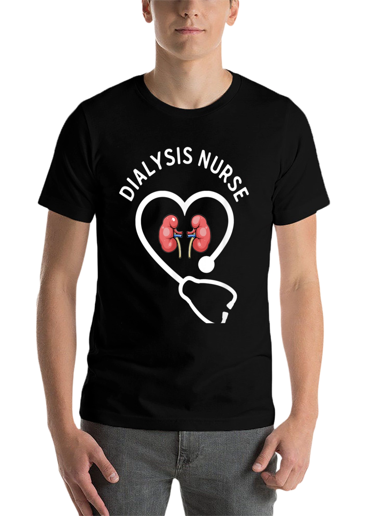Black Dialysis Nurse Heart Stethoscope Graphic T-Shirt view 7