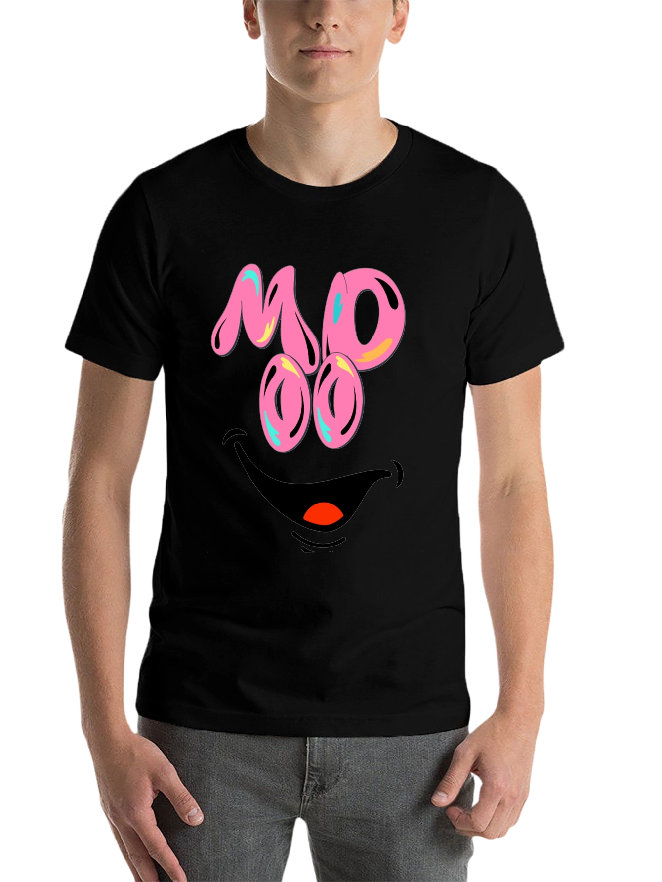Black Funny MOOO Face Graphic T-Shirt view 7
