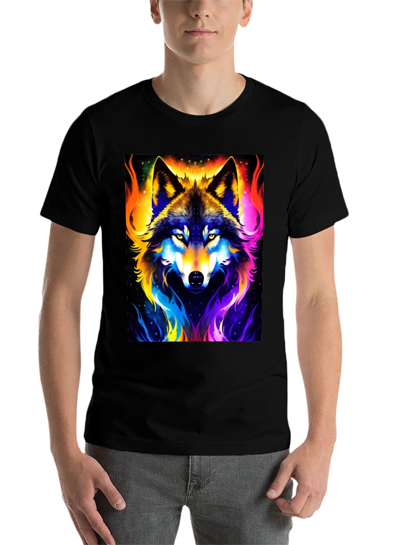 Black Vibrant Wolf Graphic Black T-Shirt view 7
