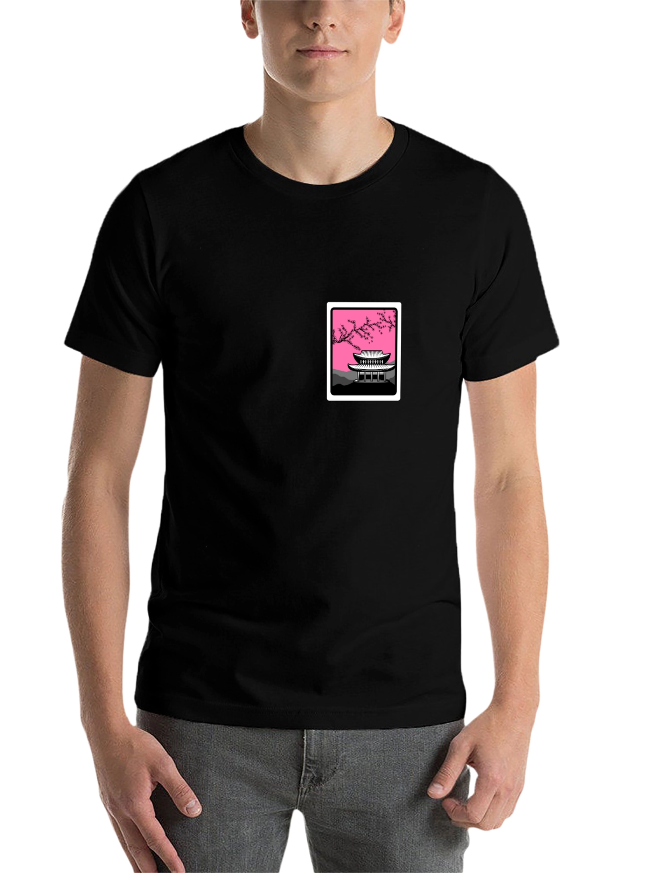 Black Graphic Tee - Asian Temple Blossom Design view 7