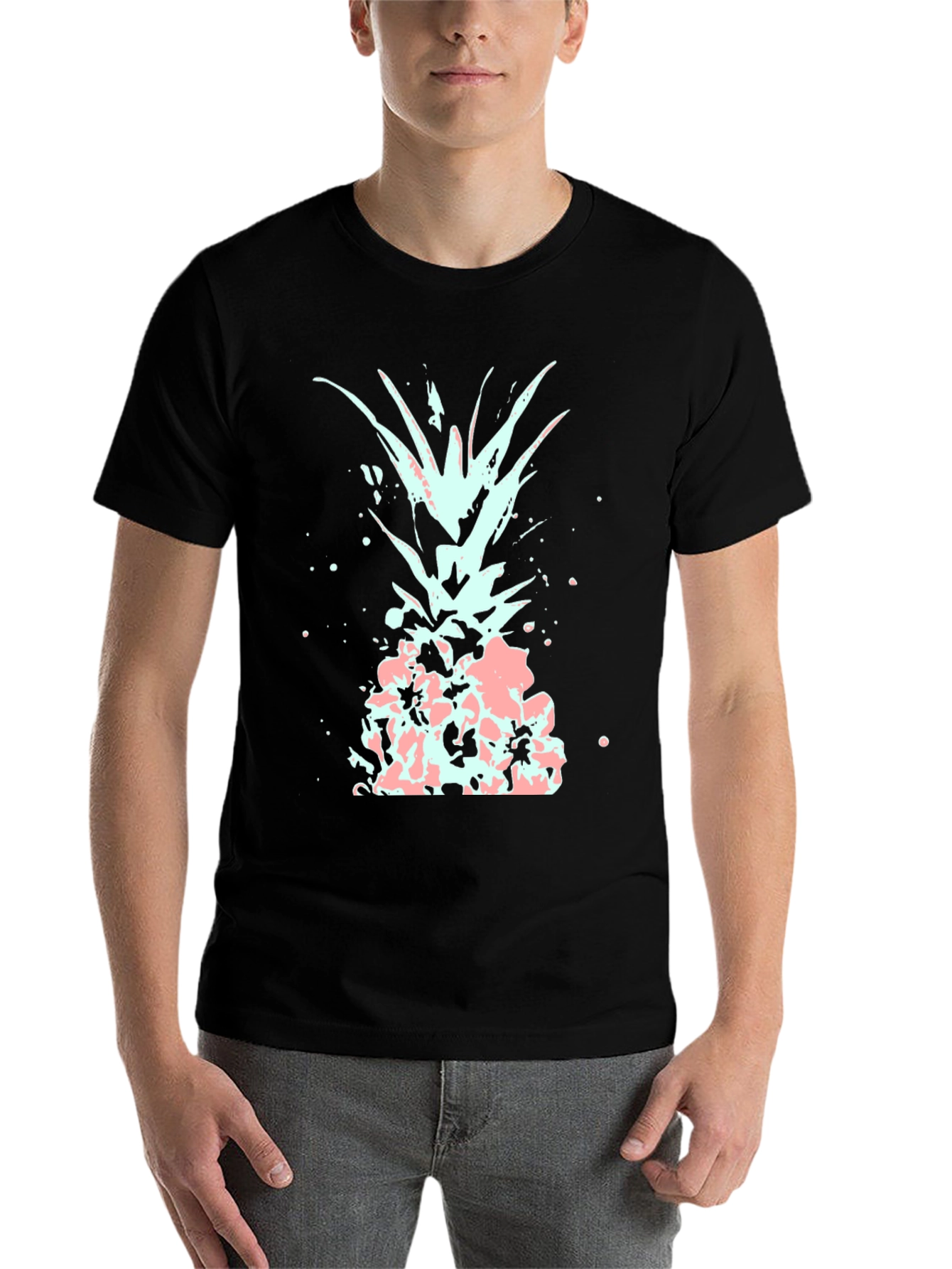 Black Men's Black T-Shirt with Abstract Pineapple Design view 7