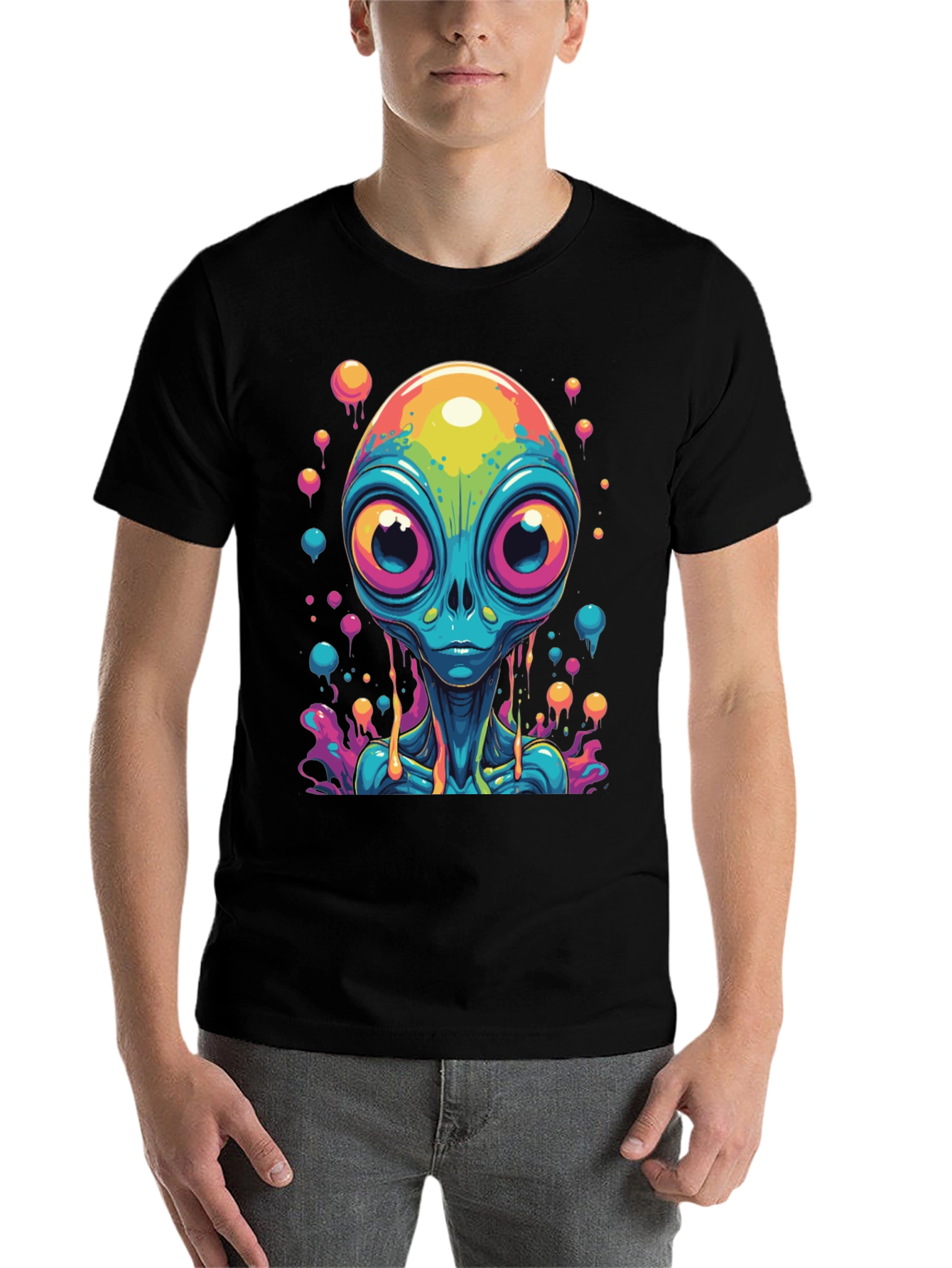 Black Psychedelic Alien Graphic Tee - Black Cotton T-Shirt view 7