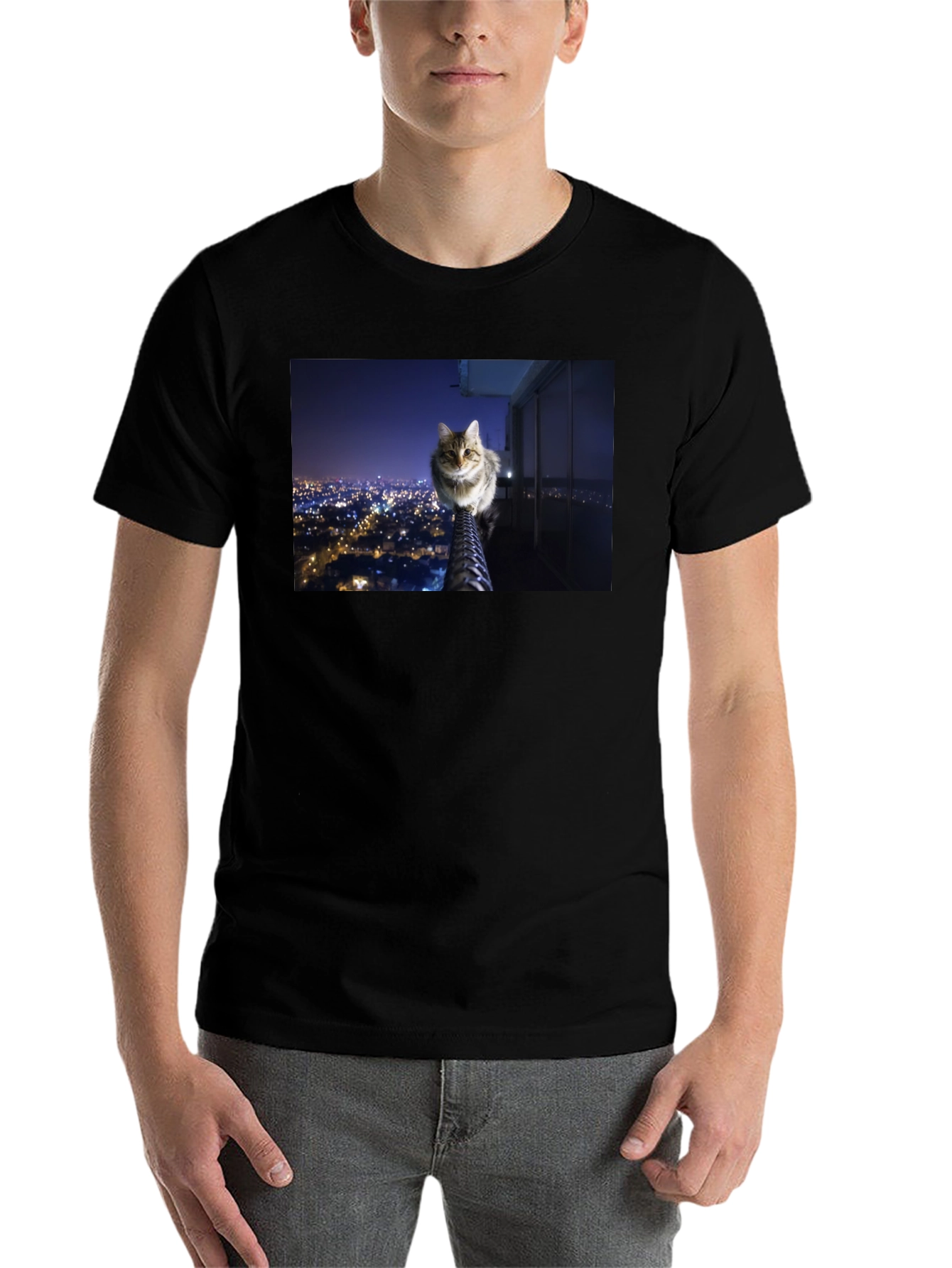 Black Cat on City View T-Shirt view 7