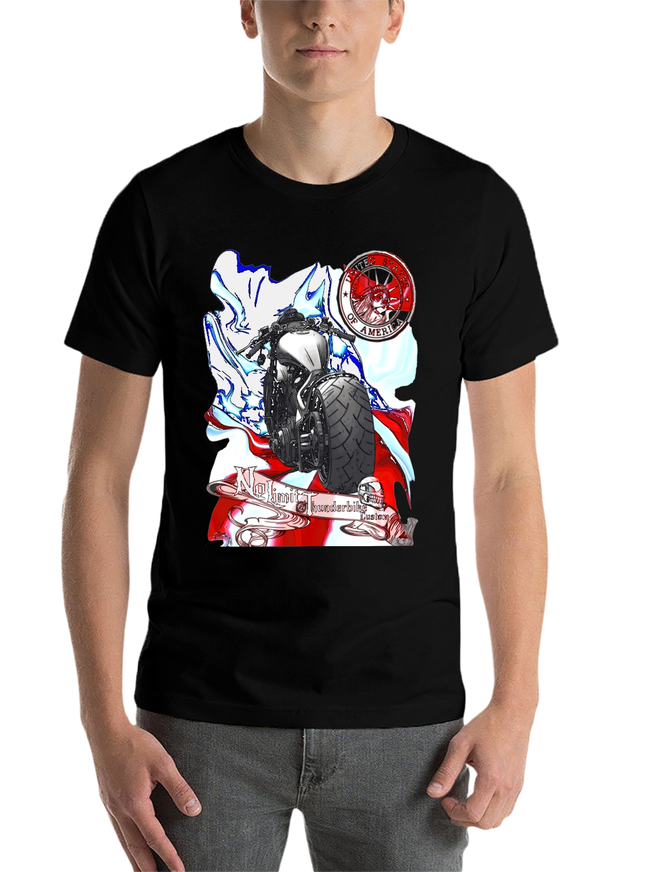 Black Motorcycle Graphic T-Shirt - Patriotic Design view 7