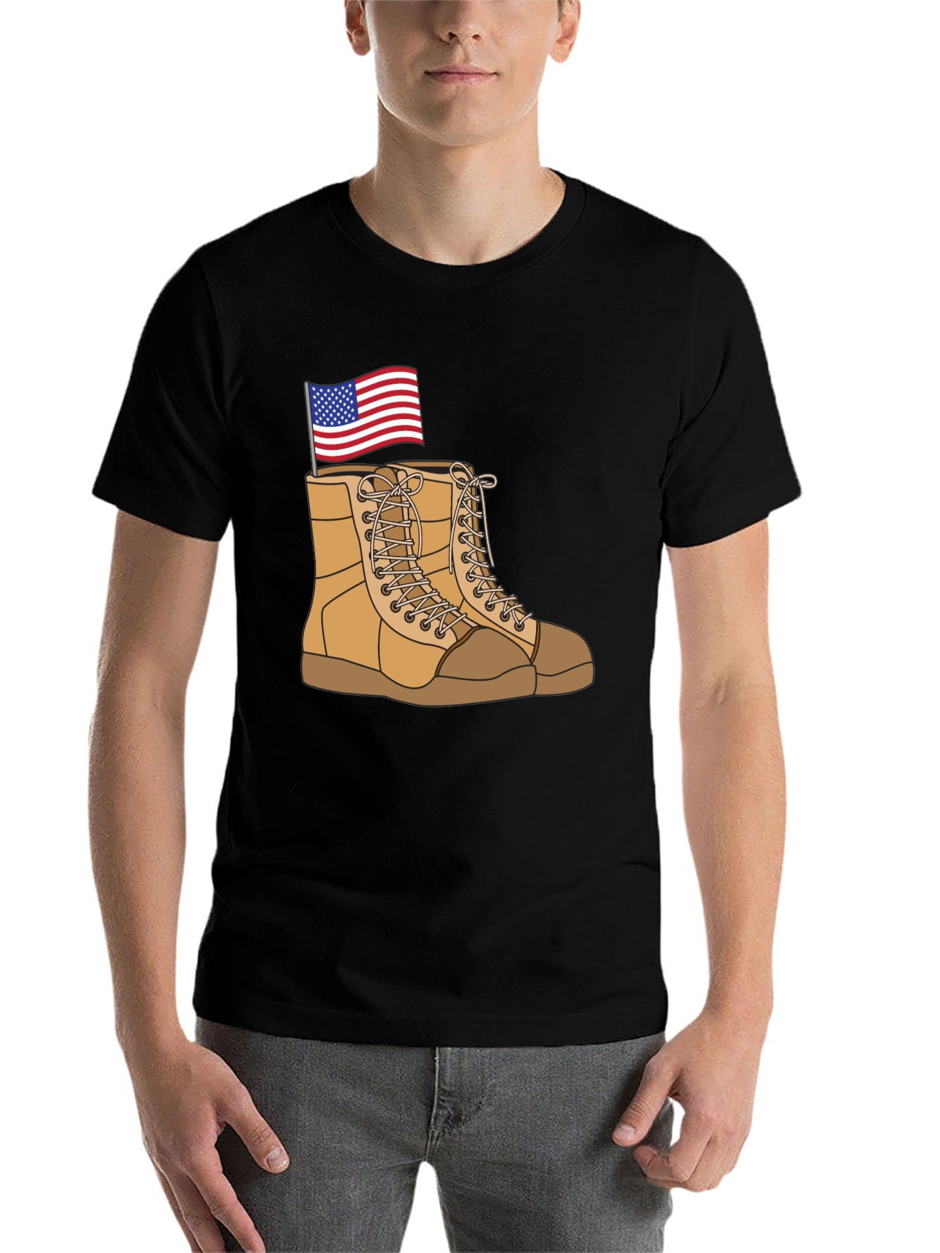 Black Graphic Tee with Boots and Flag Design view 7