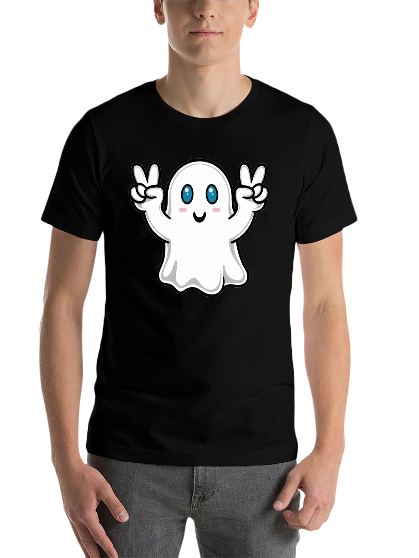 Black Cute Ghost Peace Sign Black T-Shirt view 7