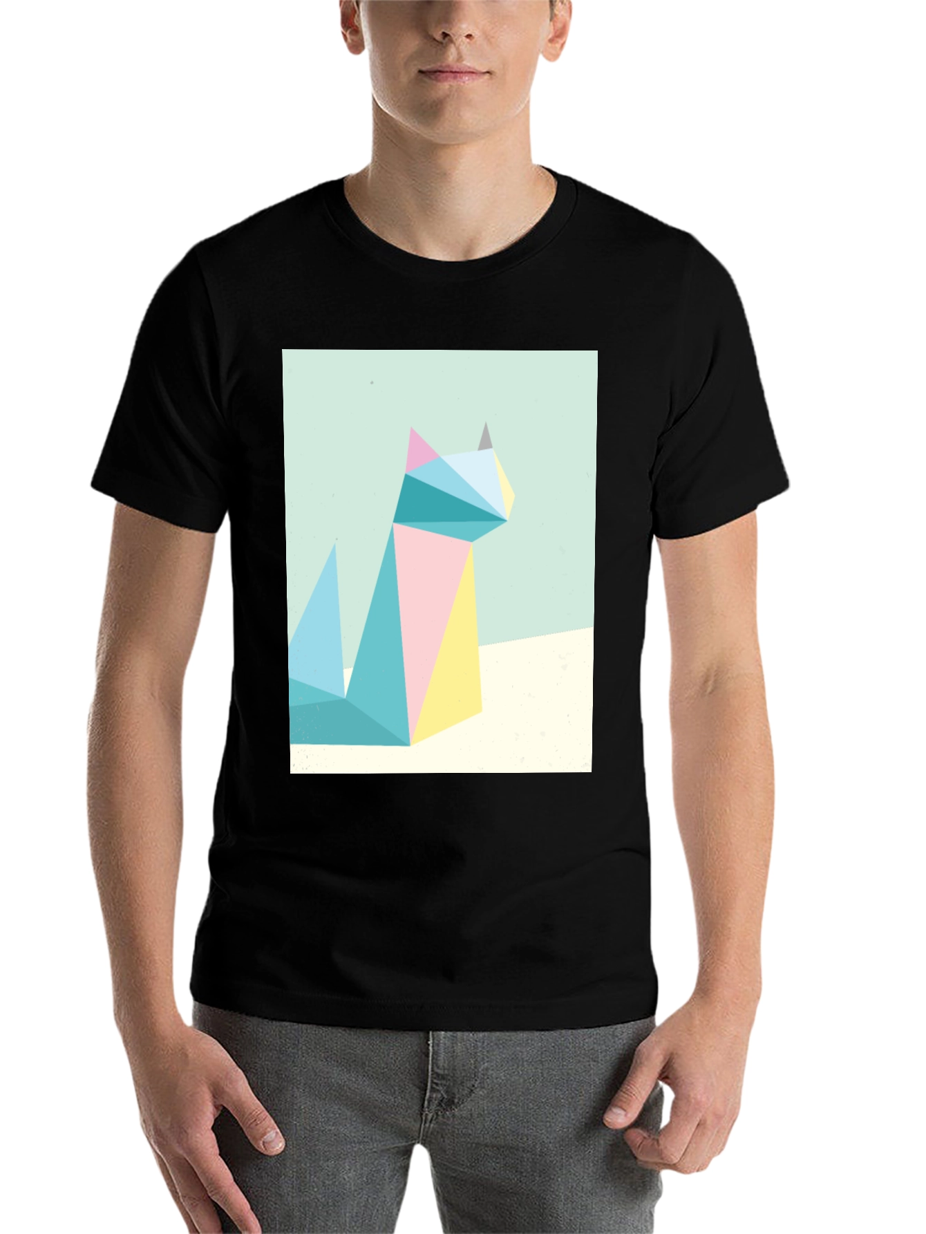 Black Geometric Cat Print Tee - Modern Art Shirt view 7
