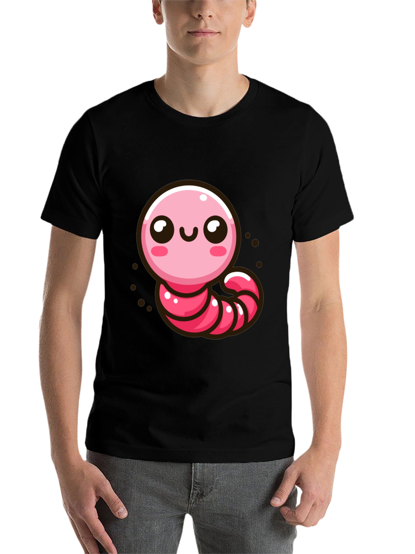 Black Cute Pink Worm Graphic T-Shirt view 7