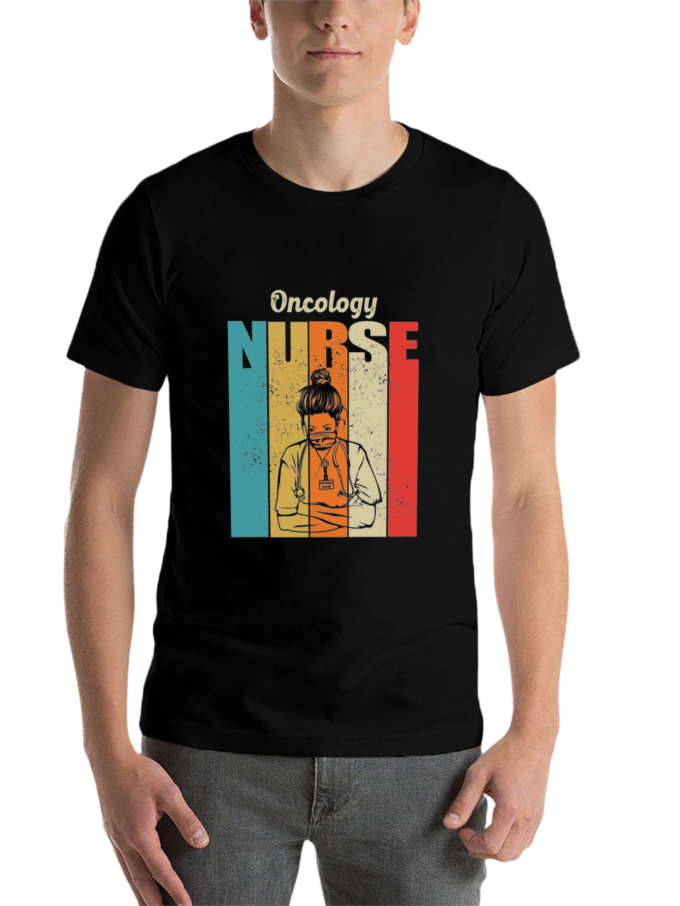 Black Oncology Nurse Retro T-Shirt view 7