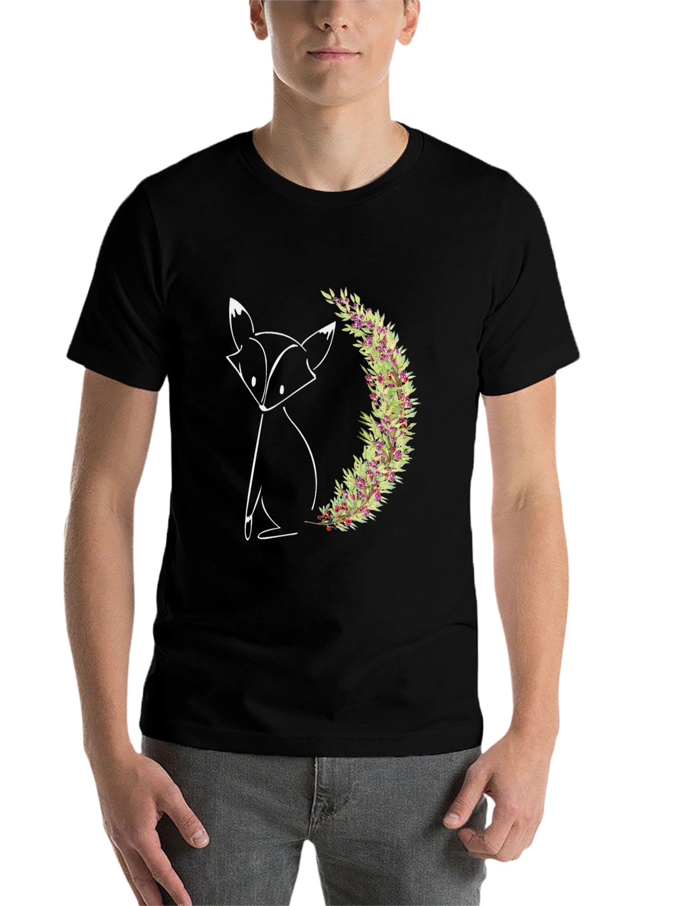 Black Minimalist Fox & Floral Wreath Graphic Tee - Black view 7