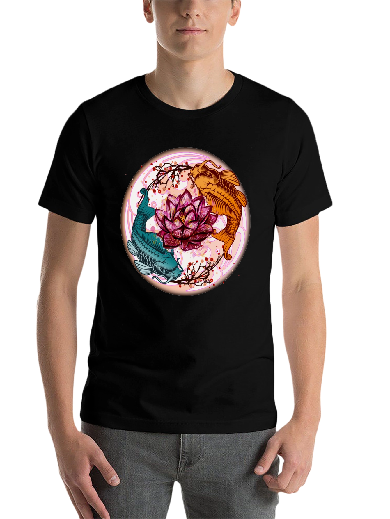 Black Koi Fish Lotus Blossom Graphic Tee - Men's Black T-Shirt view 7