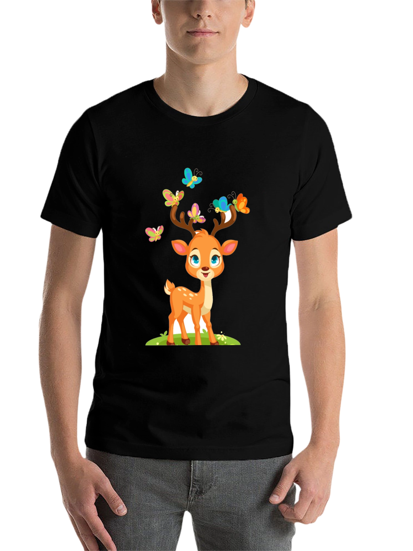 Black Cute Deer with Butterflies T-Shirt view 7