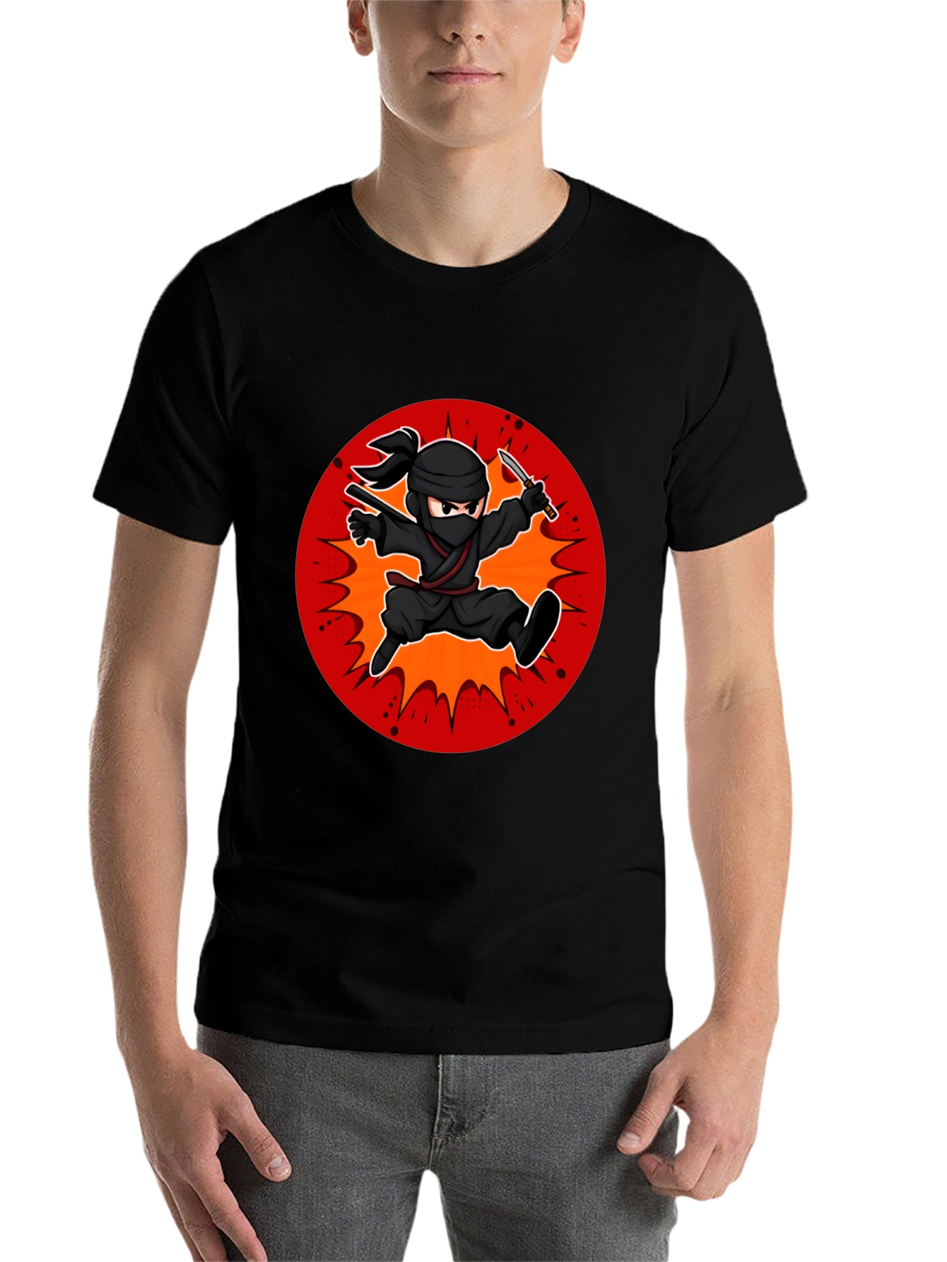 Black Ninja Cartoon Graphic Black T-Shirt view 7