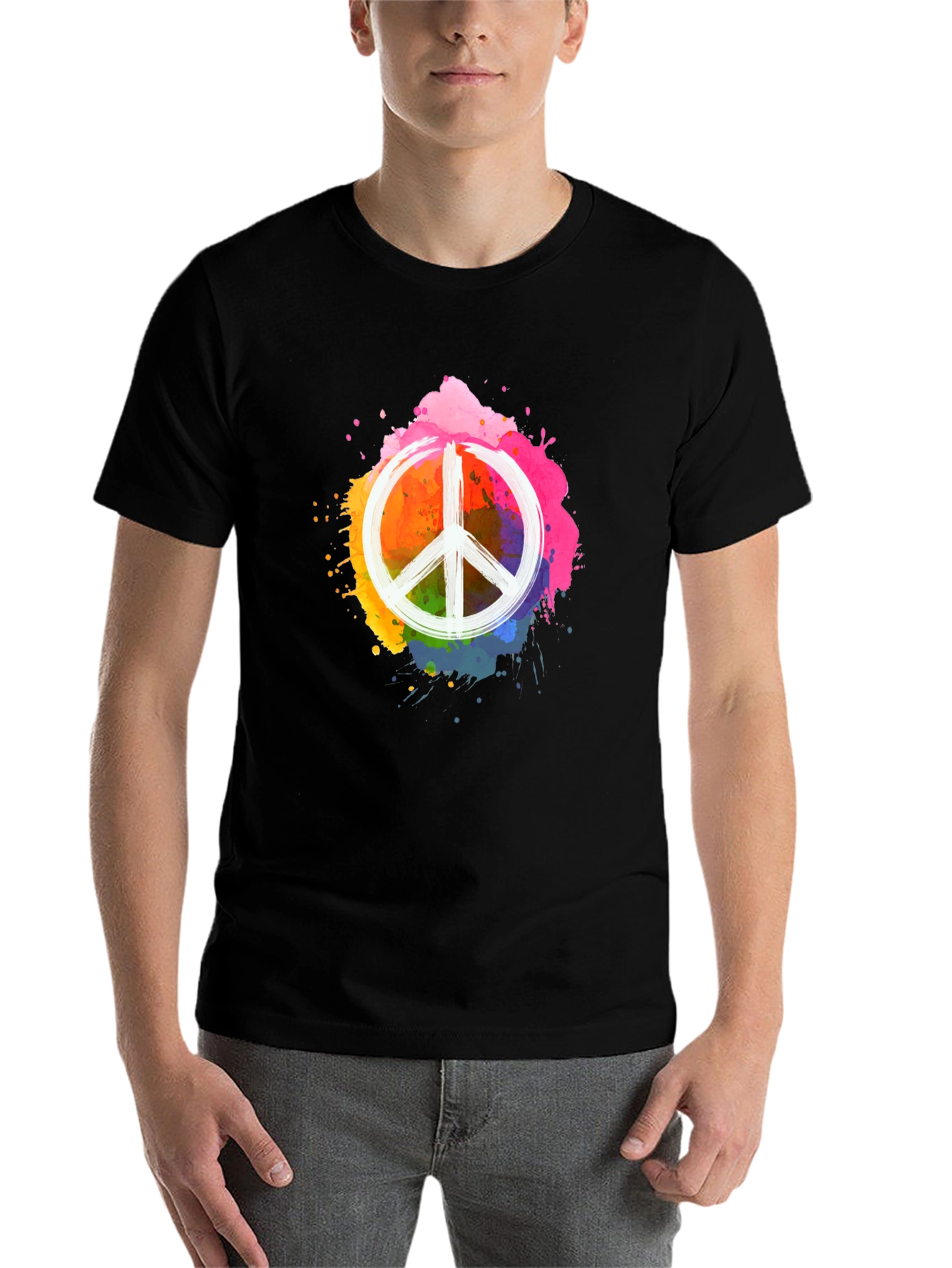 Black Peace Sign Colorful Splatter Black T-Shirt view 7