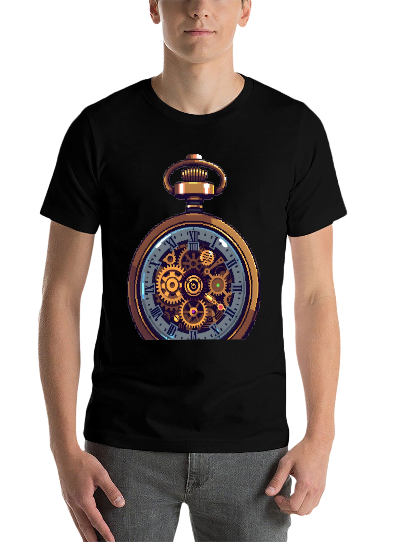 Black Steampunk Pocket Watch Design T-Shirt view 7