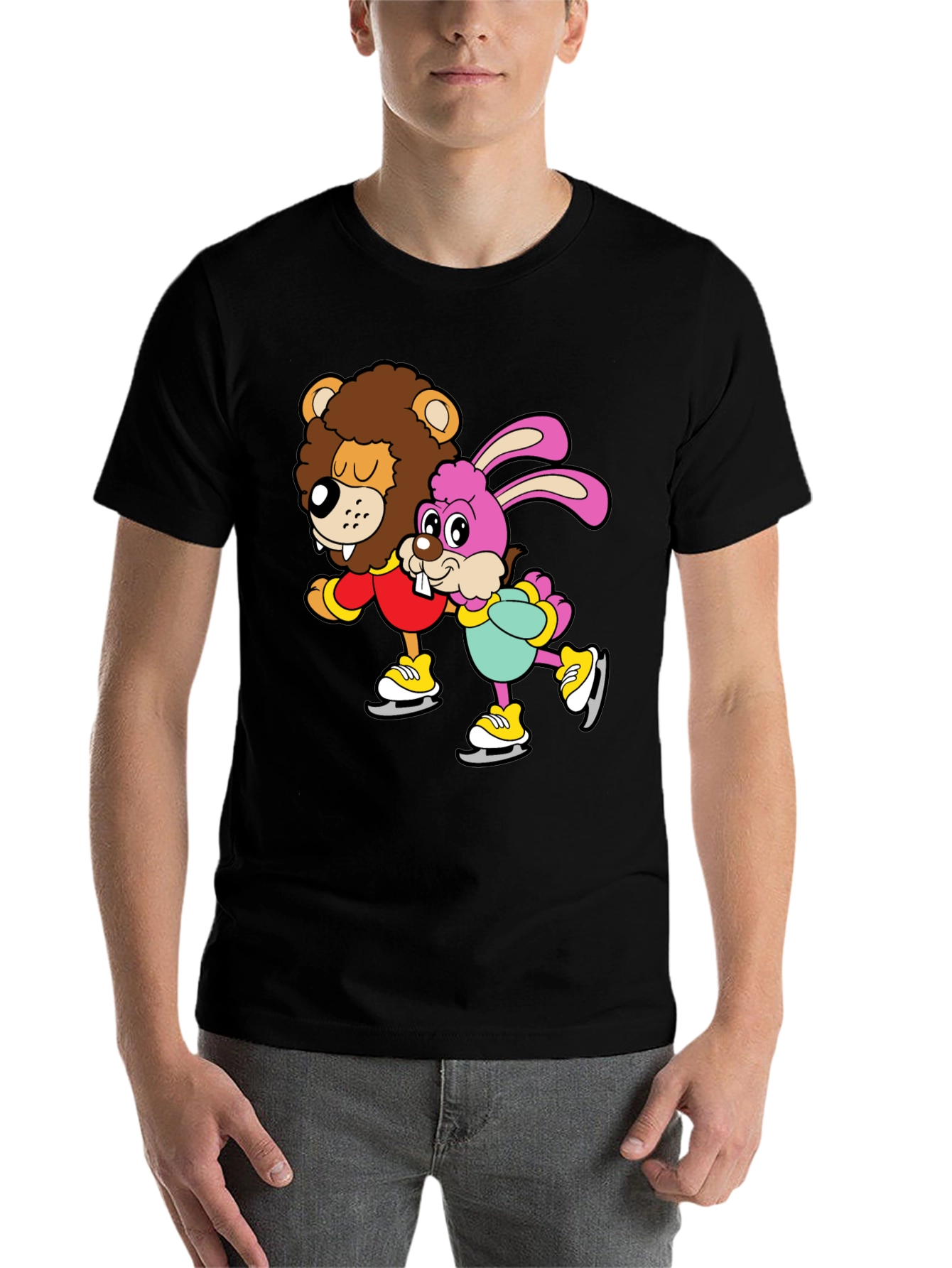 Black Lion & Bunny Ice Skating Cartoon Graphic T-Shirt view 7