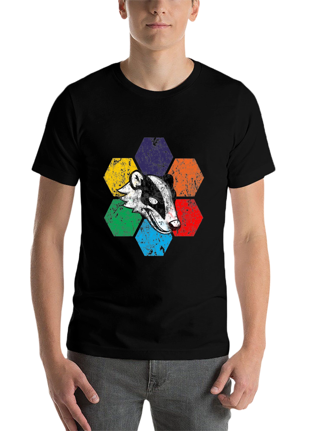 Black Retro Badger Hexagon T-Shirt - Unique Graphic Tee view 7