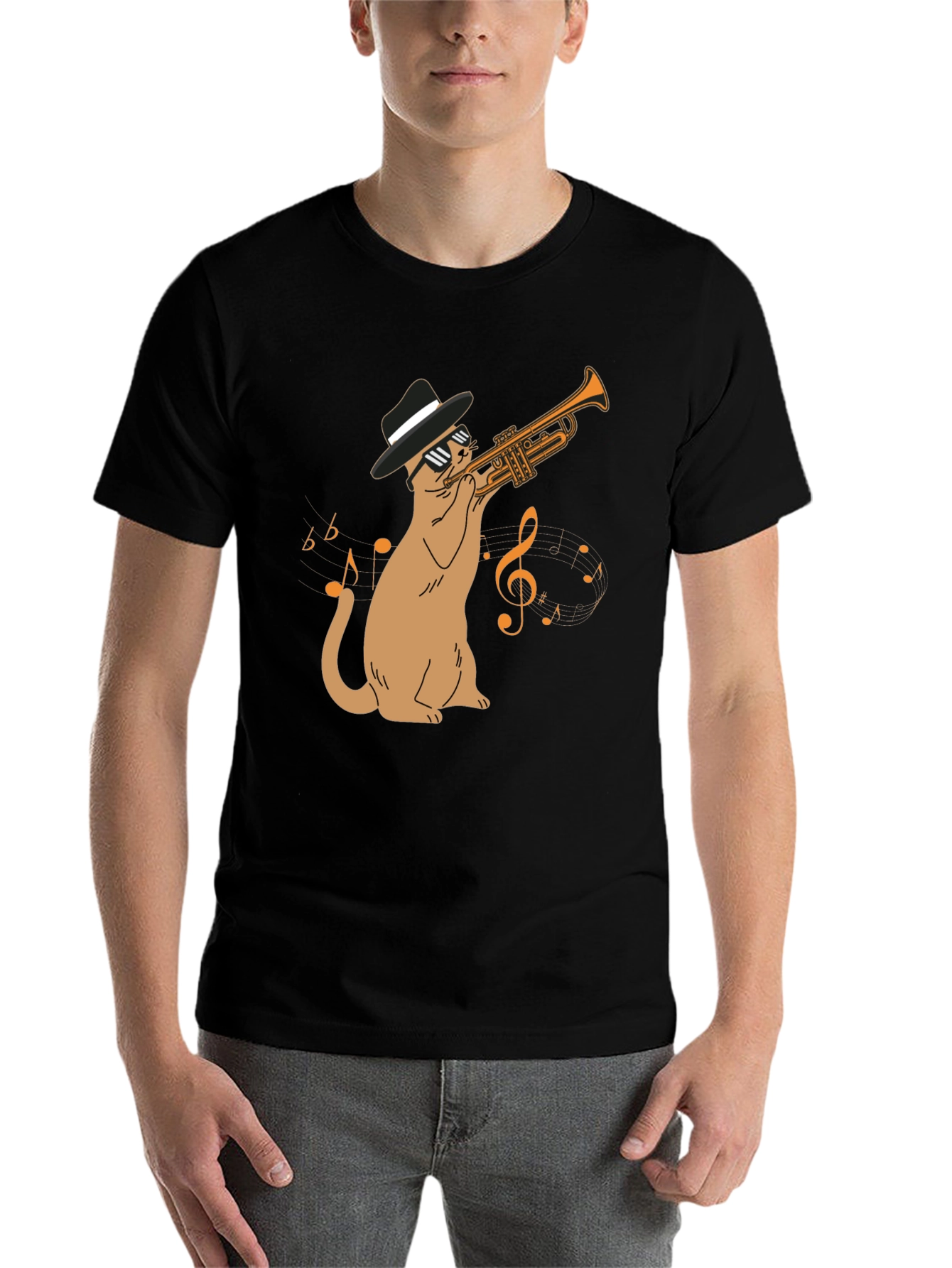 Black Cool Cat Trumpet Player T-Shirt - Black view 7