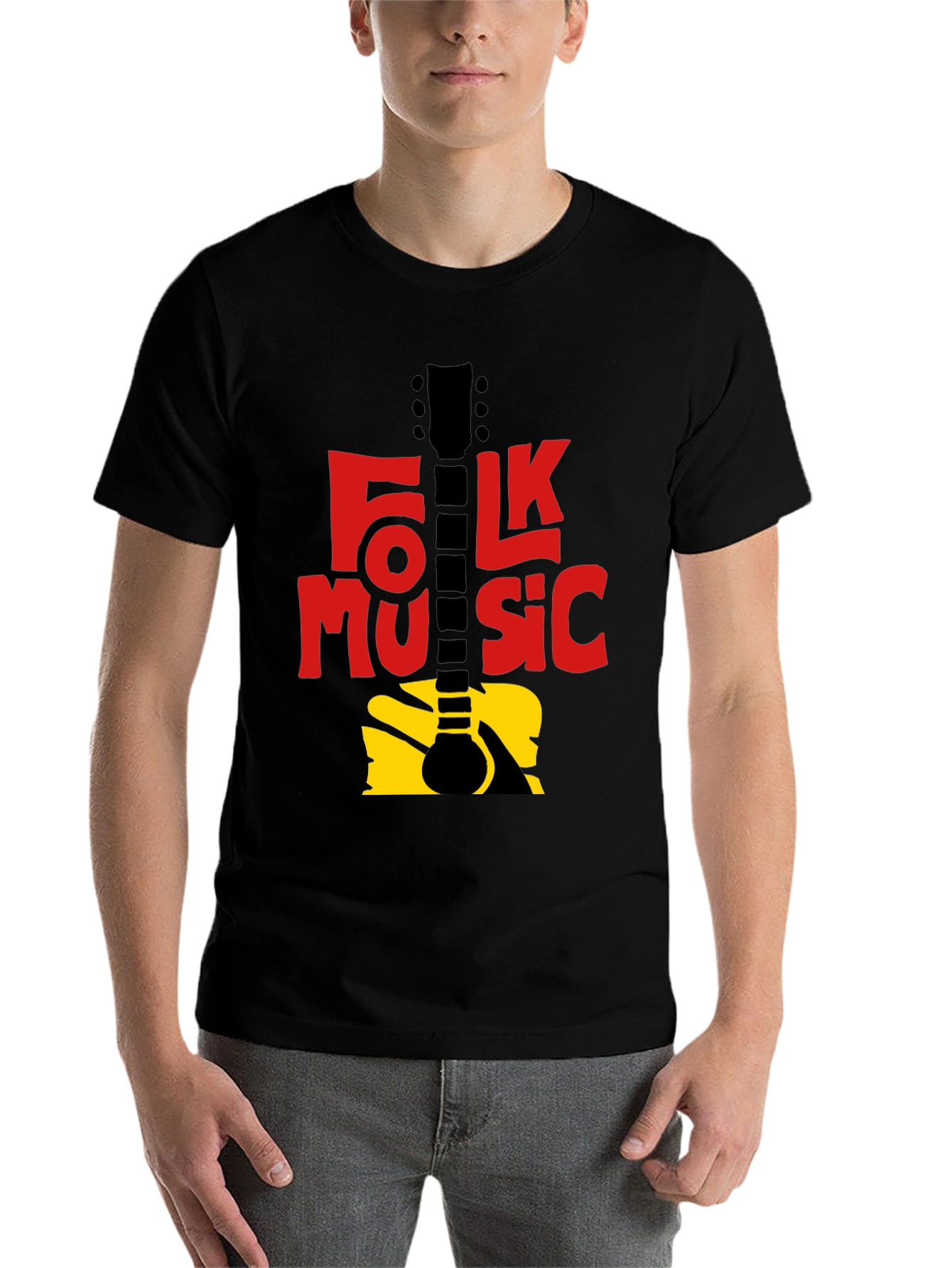 Black Folk Music Guitar Graphic T-Shirt - Black view 7