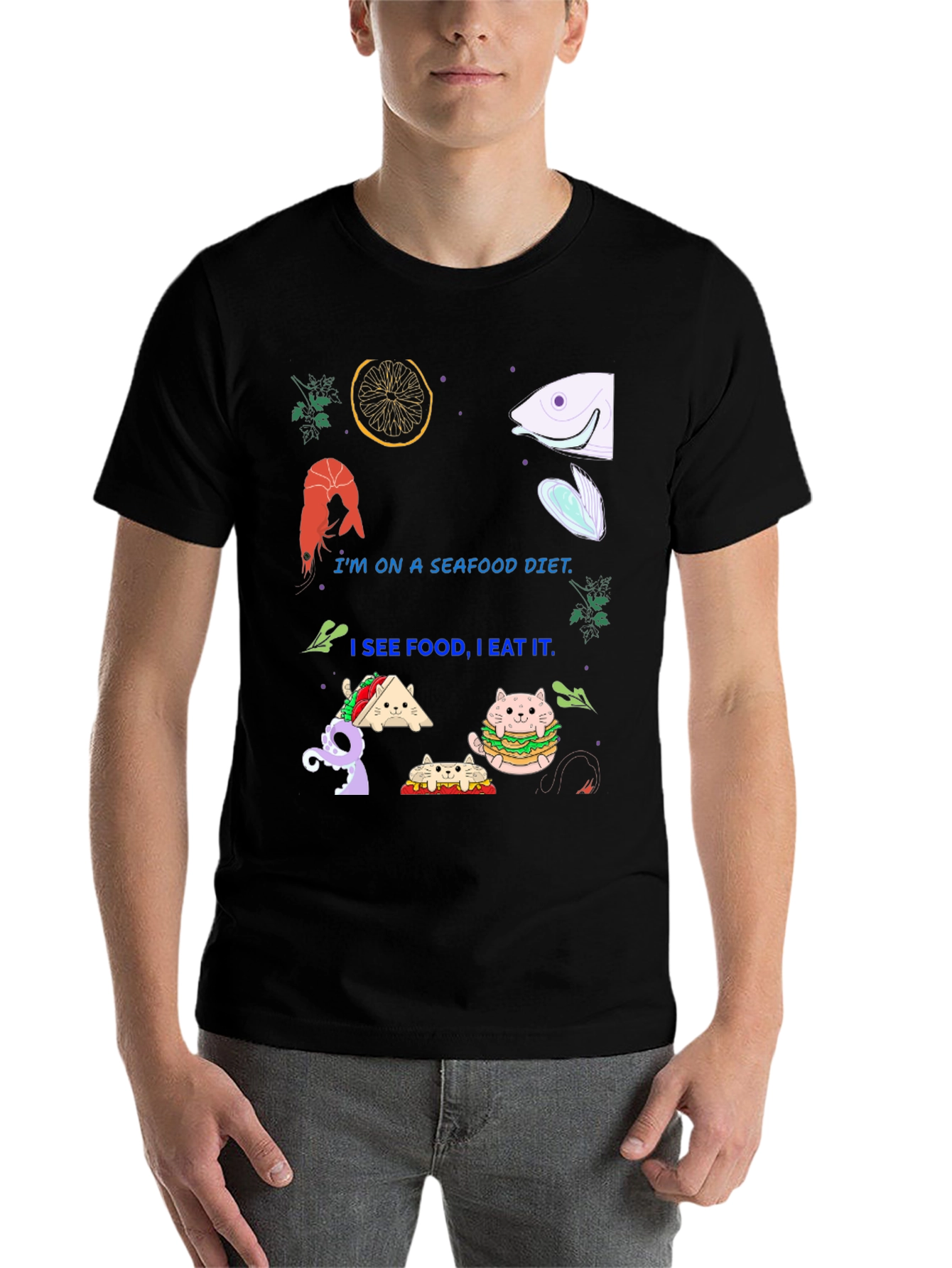 Black Seafood Diet Funny Graphic T-Shirt view 7