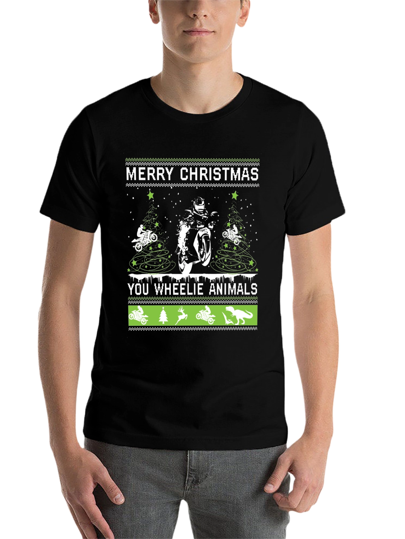 Black Motorcycle Christmas T-Shirt - Wheelie Animals Holiday Tee view 7