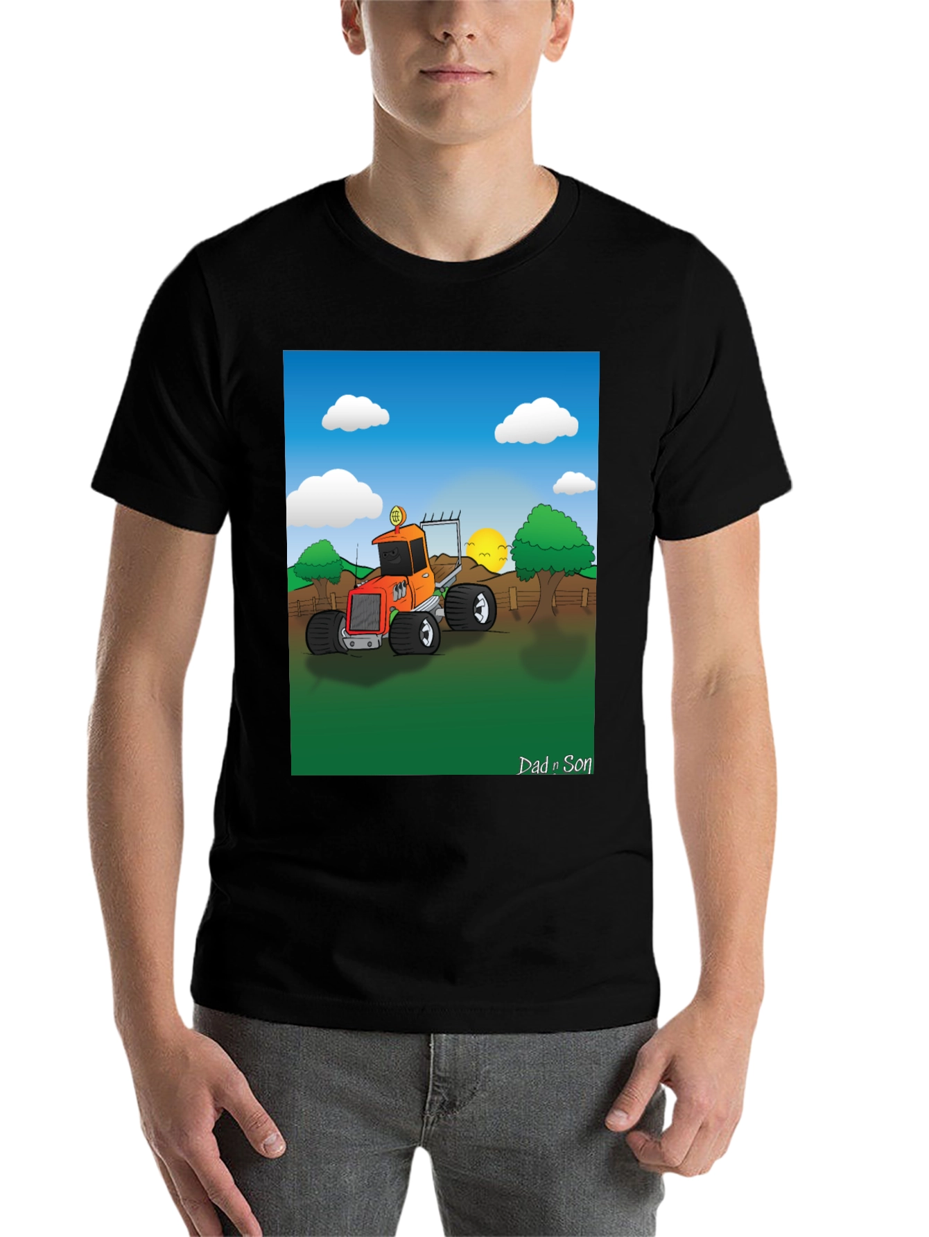 Black Dad n Son Cartoon Tractor T-Shirt view 7