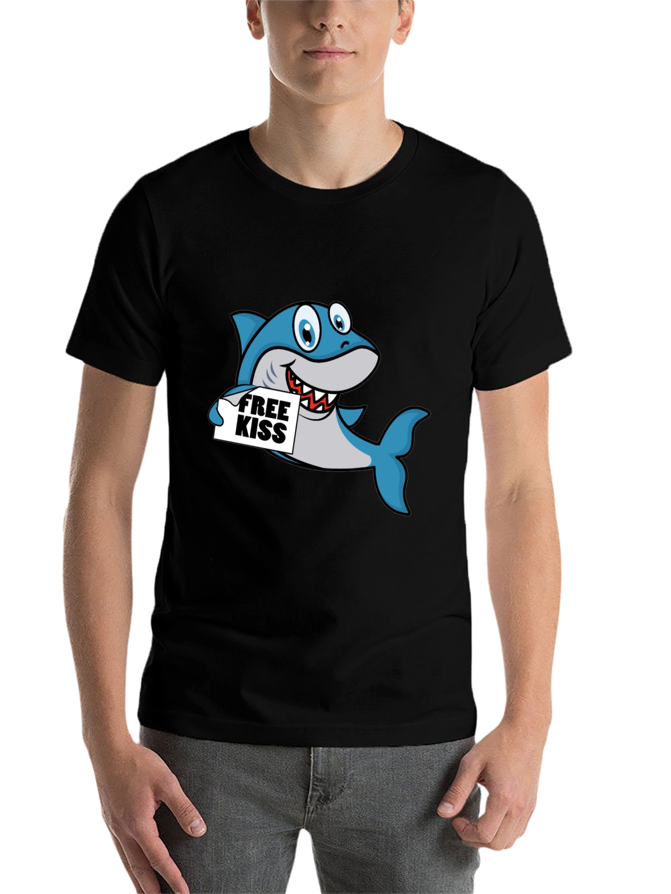 Black Funny Shark Free Kiss Graphic Tee - Black view 7