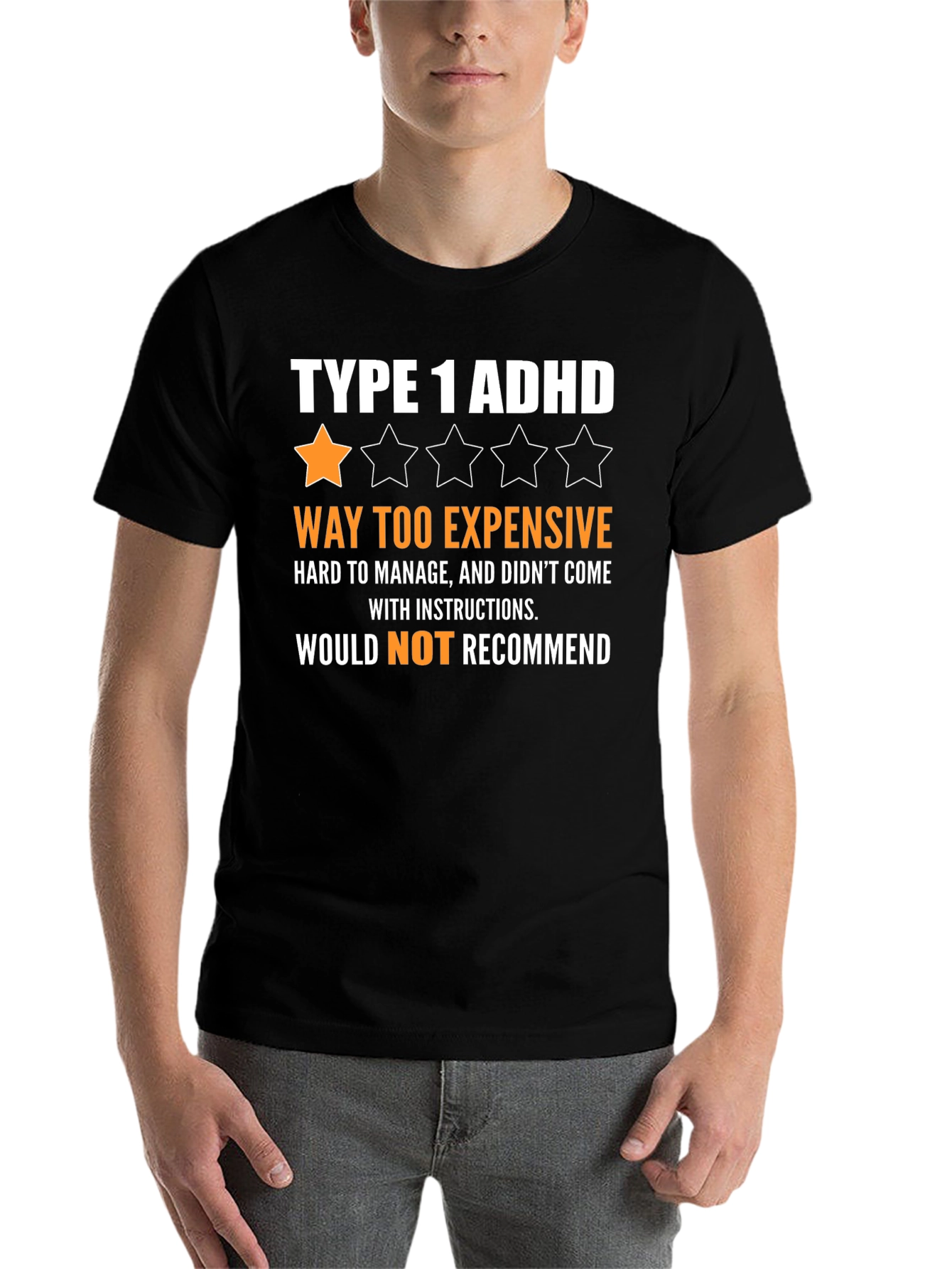Black Type 1 ADHD Funny Graphic T-Shirt view 7