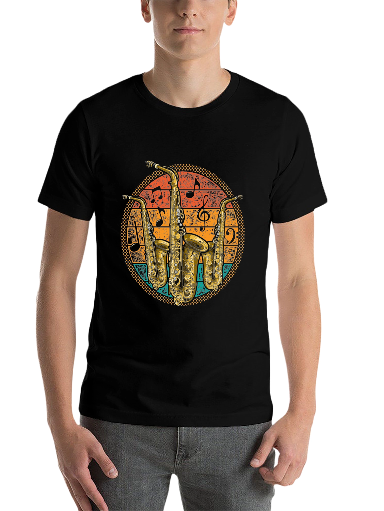 Black Retro Saxophone Music T-Shirt view 7