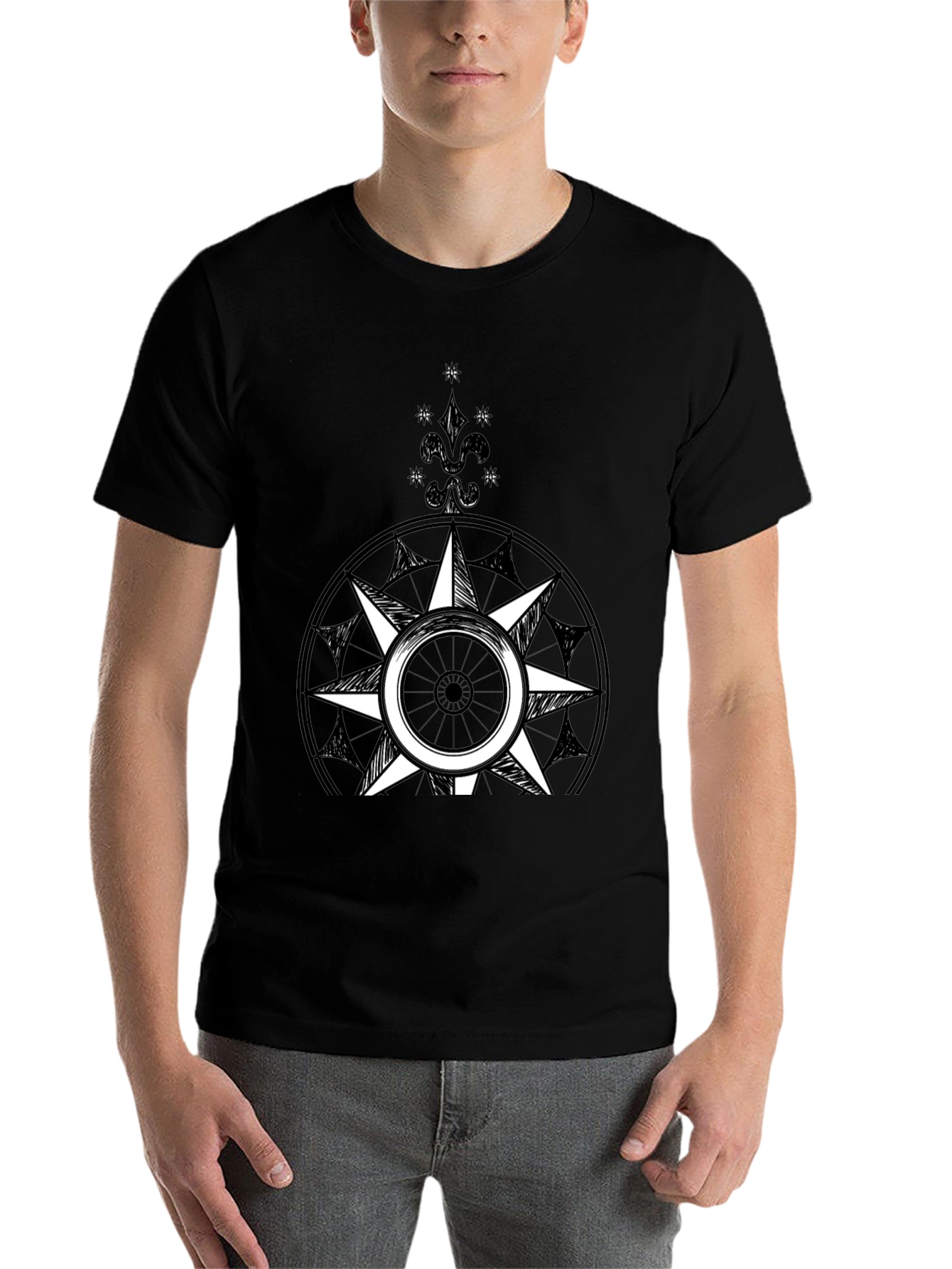 Black Compass Rose Graphic Tee - Black Cotton Blend view 7