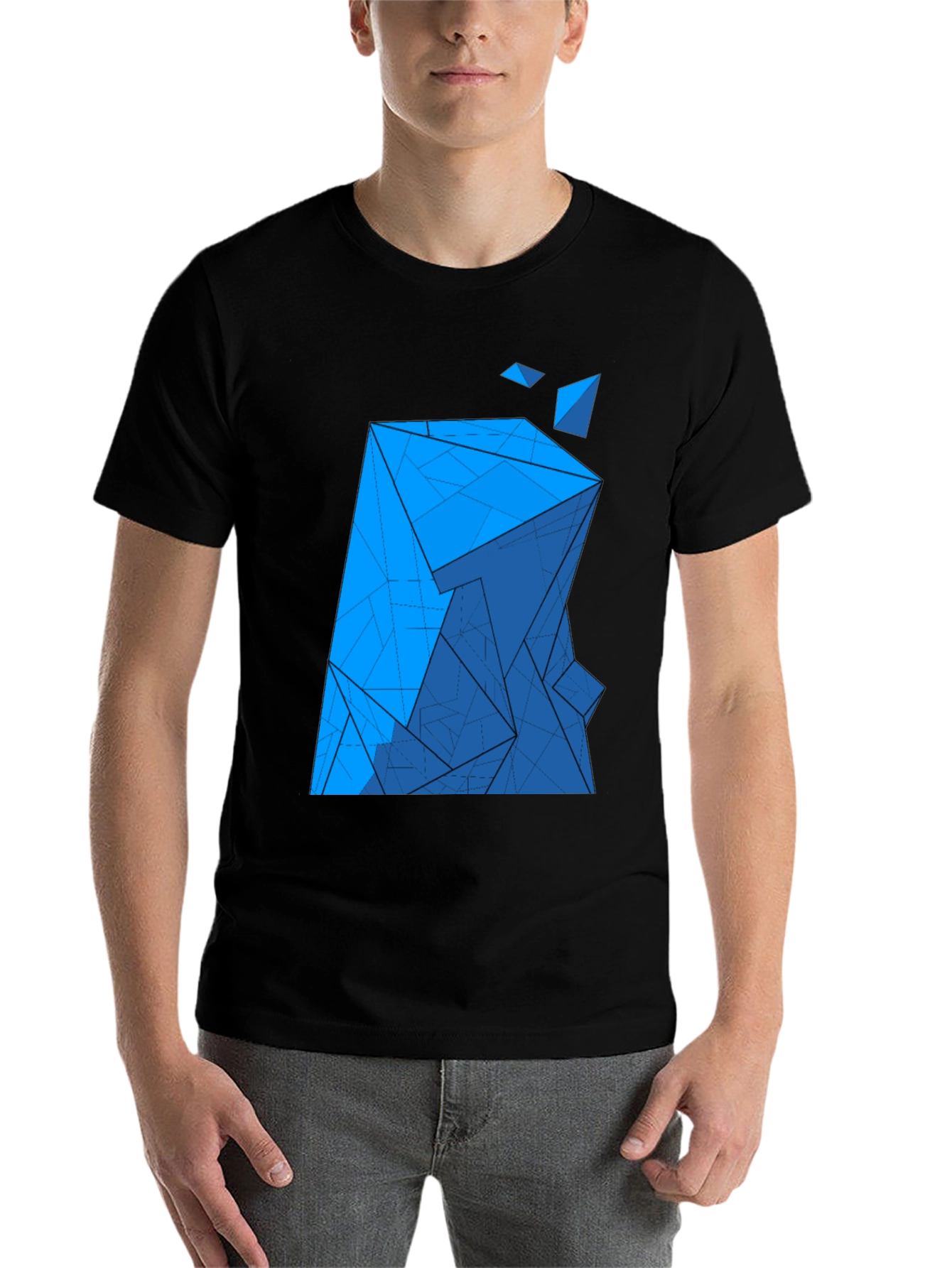 Black Abstract Blue Geometric Print Black T-Shirt view 7