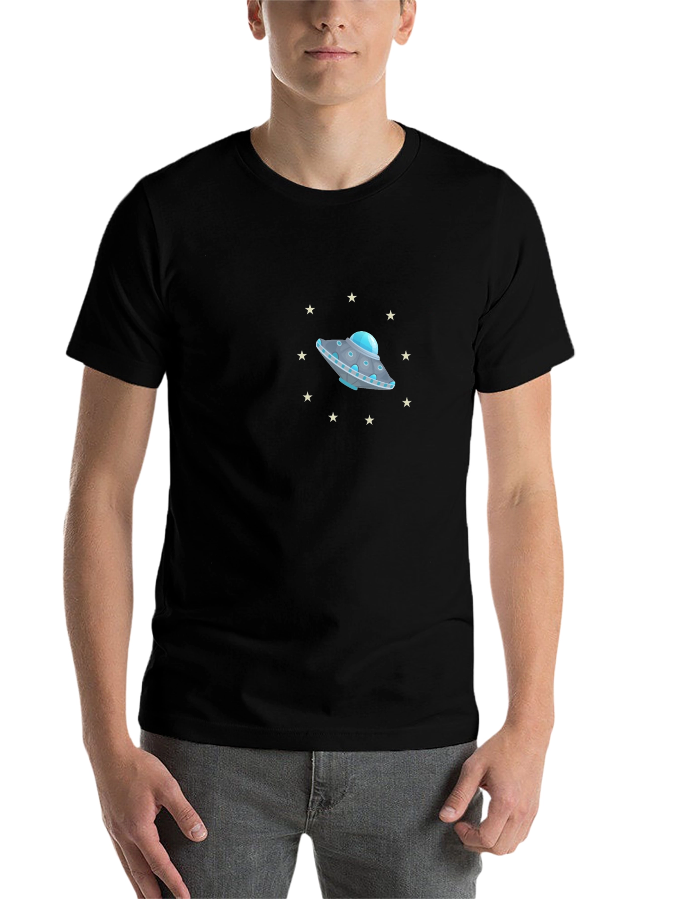 Black UFO Graphic T-Shirt - Black, Crew Neck view 7