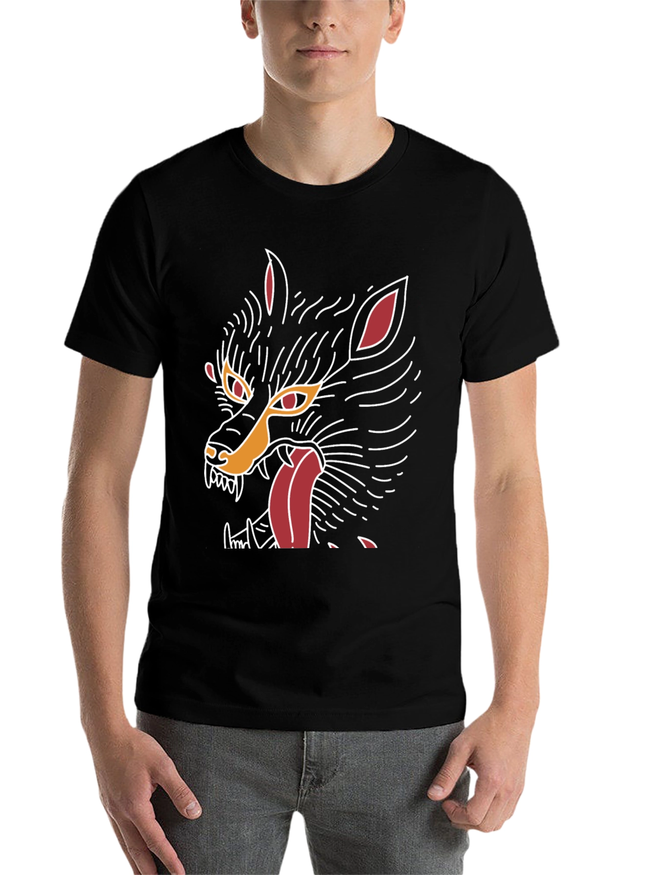 Black Men's Black Graphic Tee - Wolf Design view 7