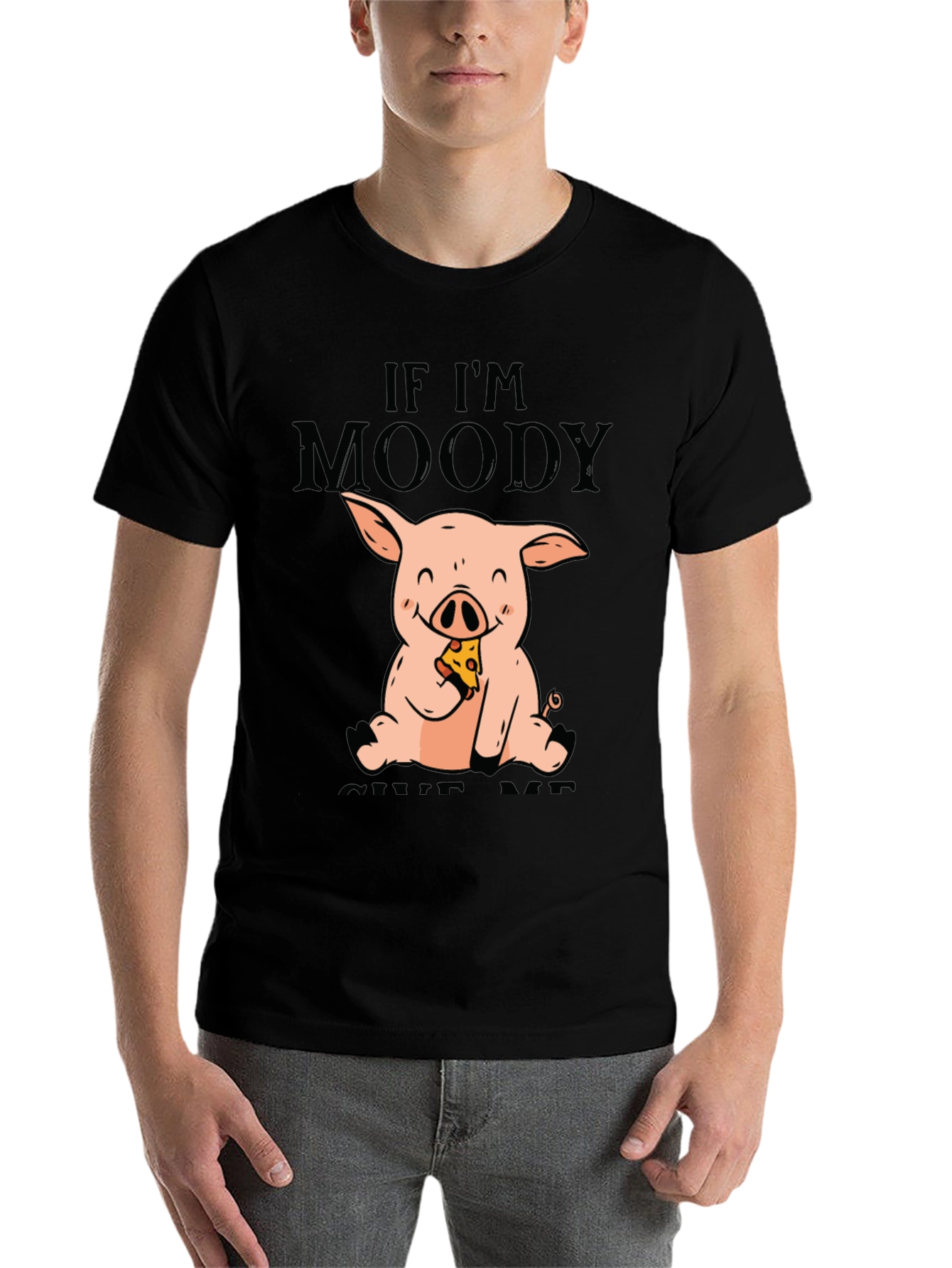 Black Moody Pig Pizza T-Shirt - Funny Graphic Tee view 7