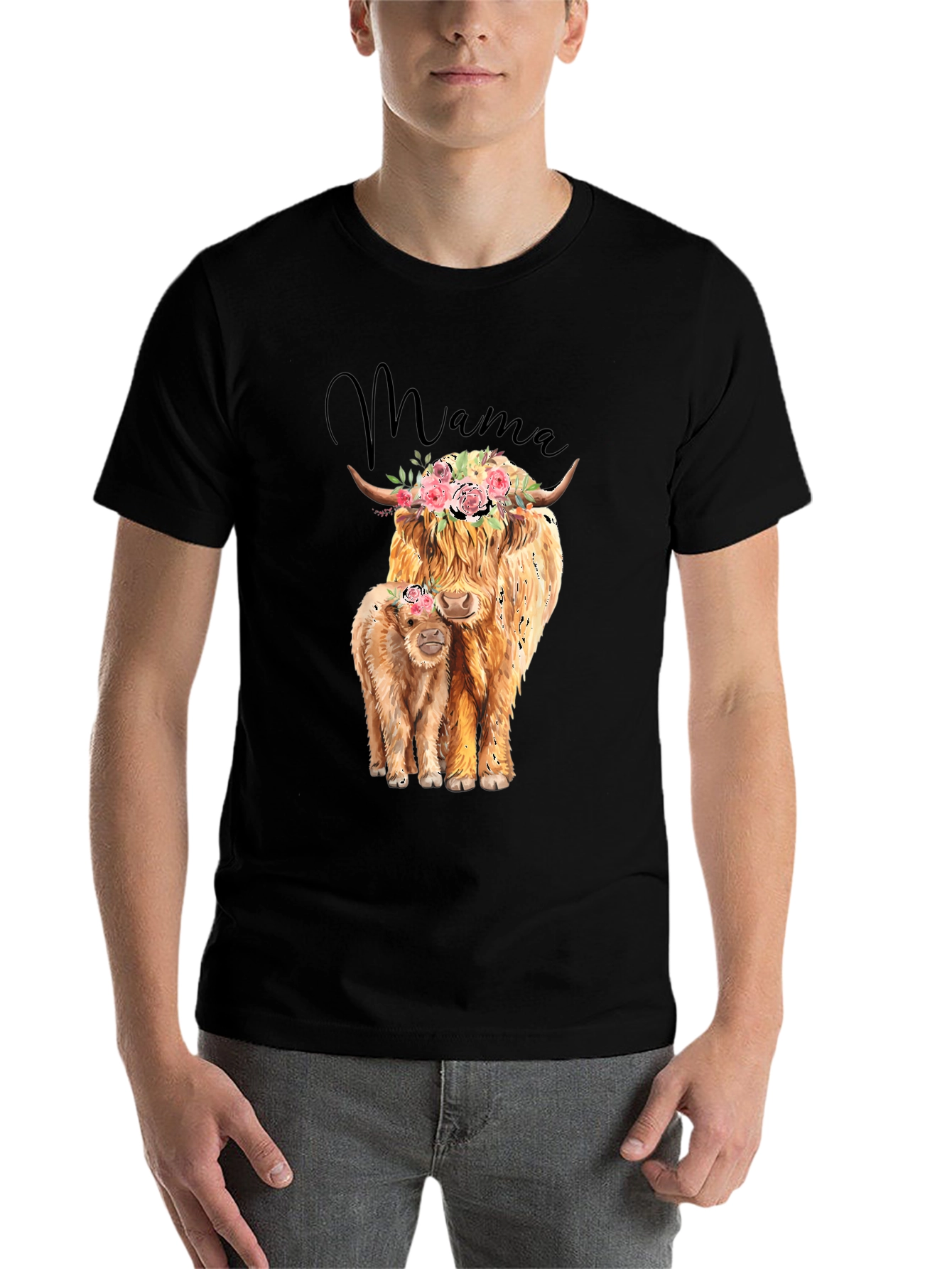 Black Mama Highland Cow T-Shirt: Floral Crowned Cow & Calf Tee view 7