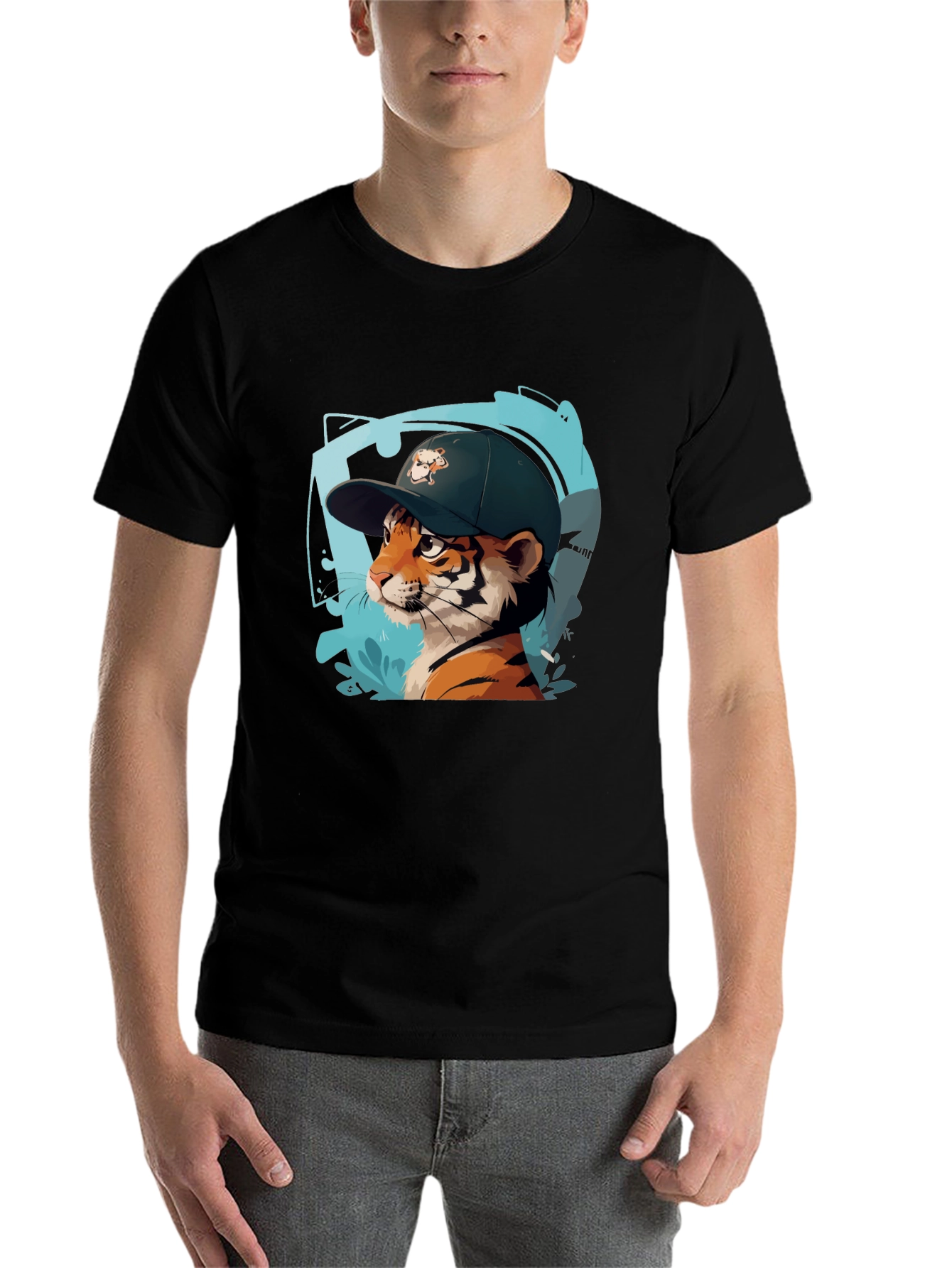 Black Cool Cat Tee - Tiger in a Hat Graphic Print Shirt view 7