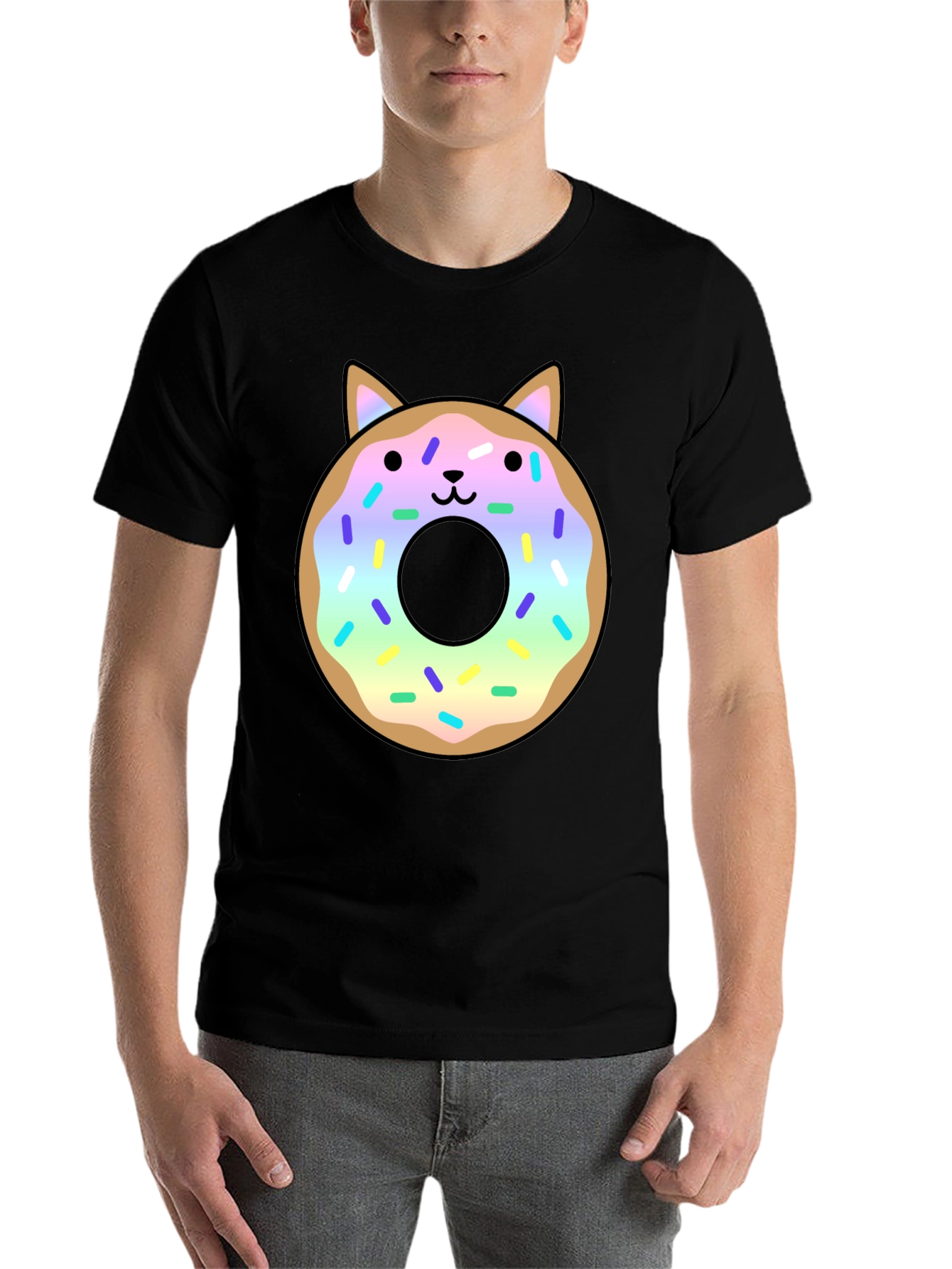 Black Cute Cat Donut Graphic Tee - Black Unisex T-Shirt view 7
