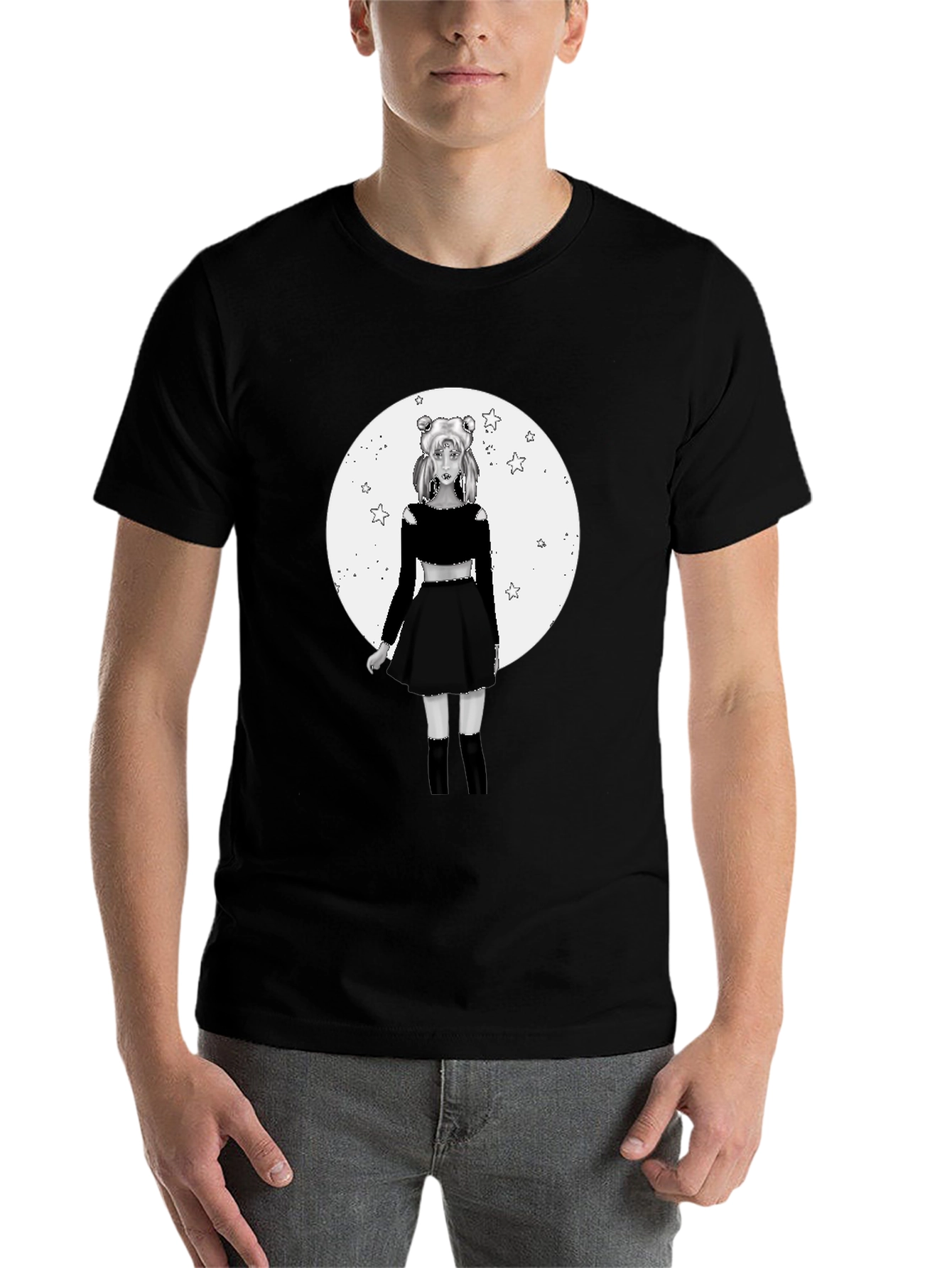Black Anime Girl Moon Graphic Black T-Shirt view 7