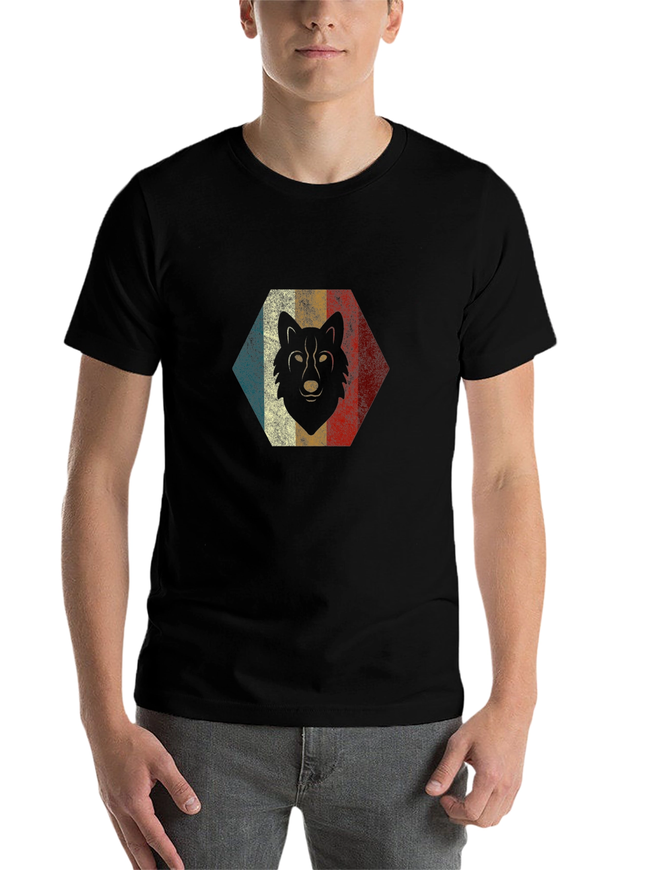Black Retro Wolf Graphic Tee - Black Cotton Blend T-Shirt view 7
