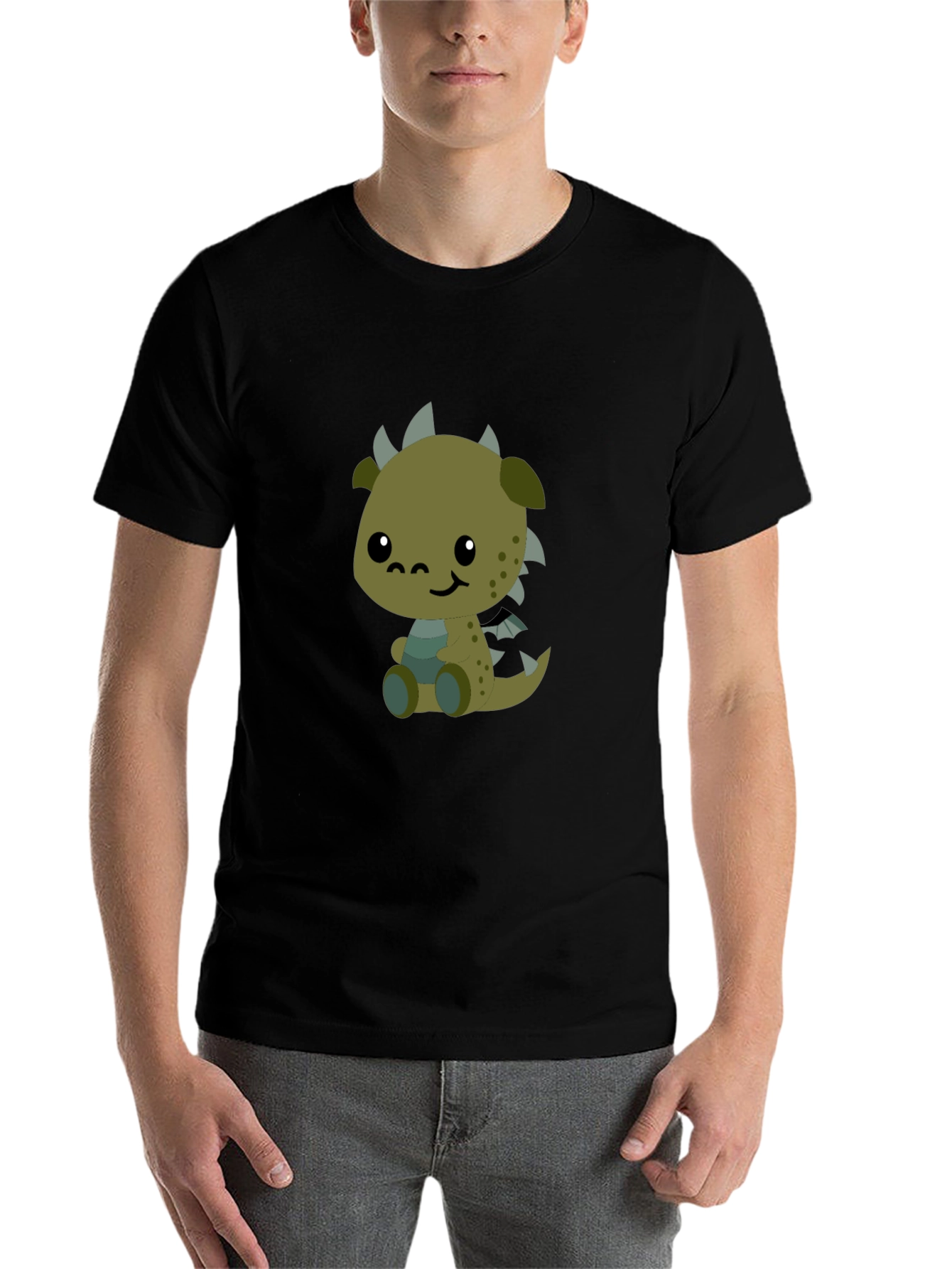 Black Cute Cartoon Dragon Graphic Black T-Shirt view 7