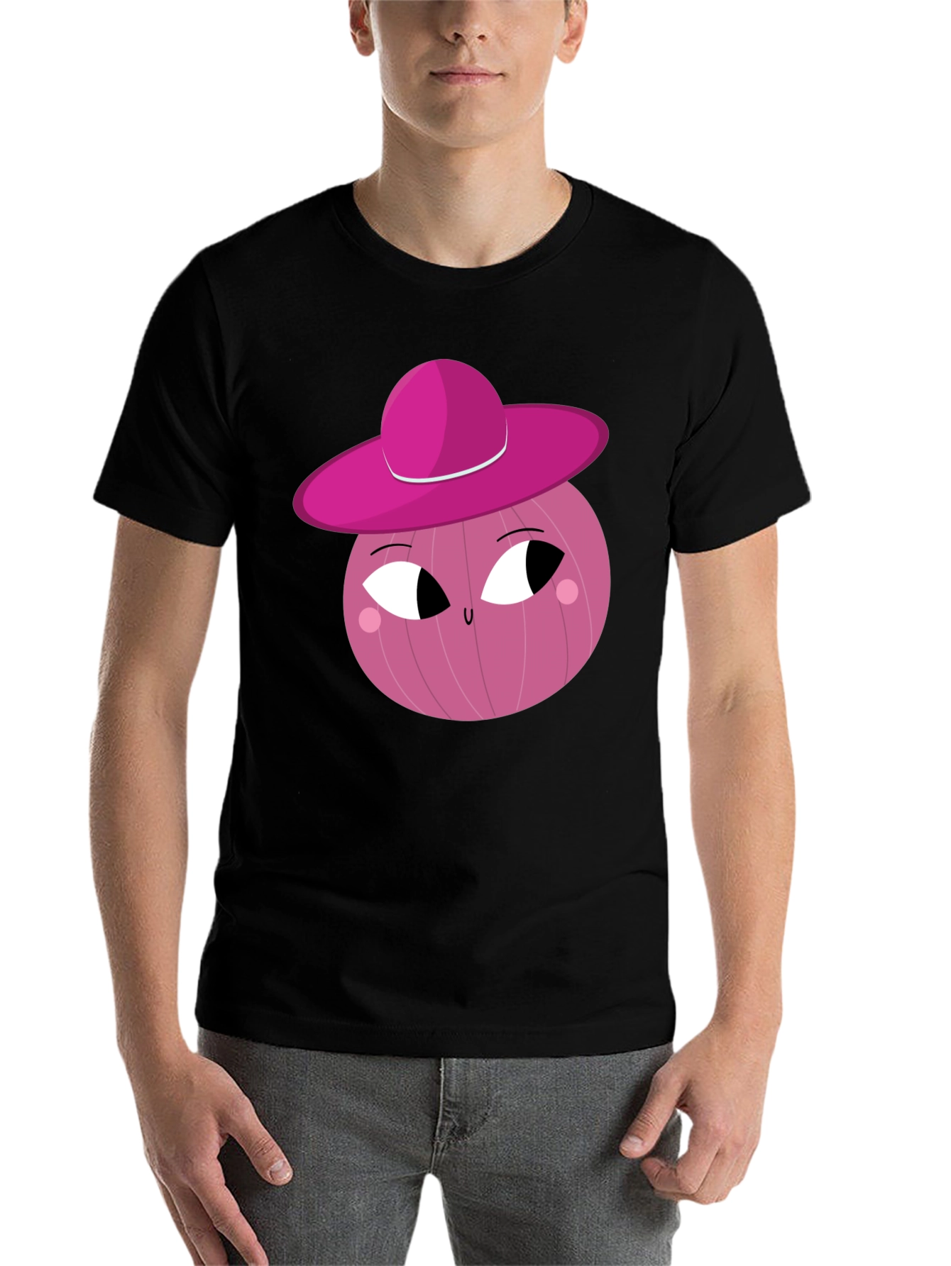 Black Whimsical Pink Onion Character Graphic T-Shirt view 7