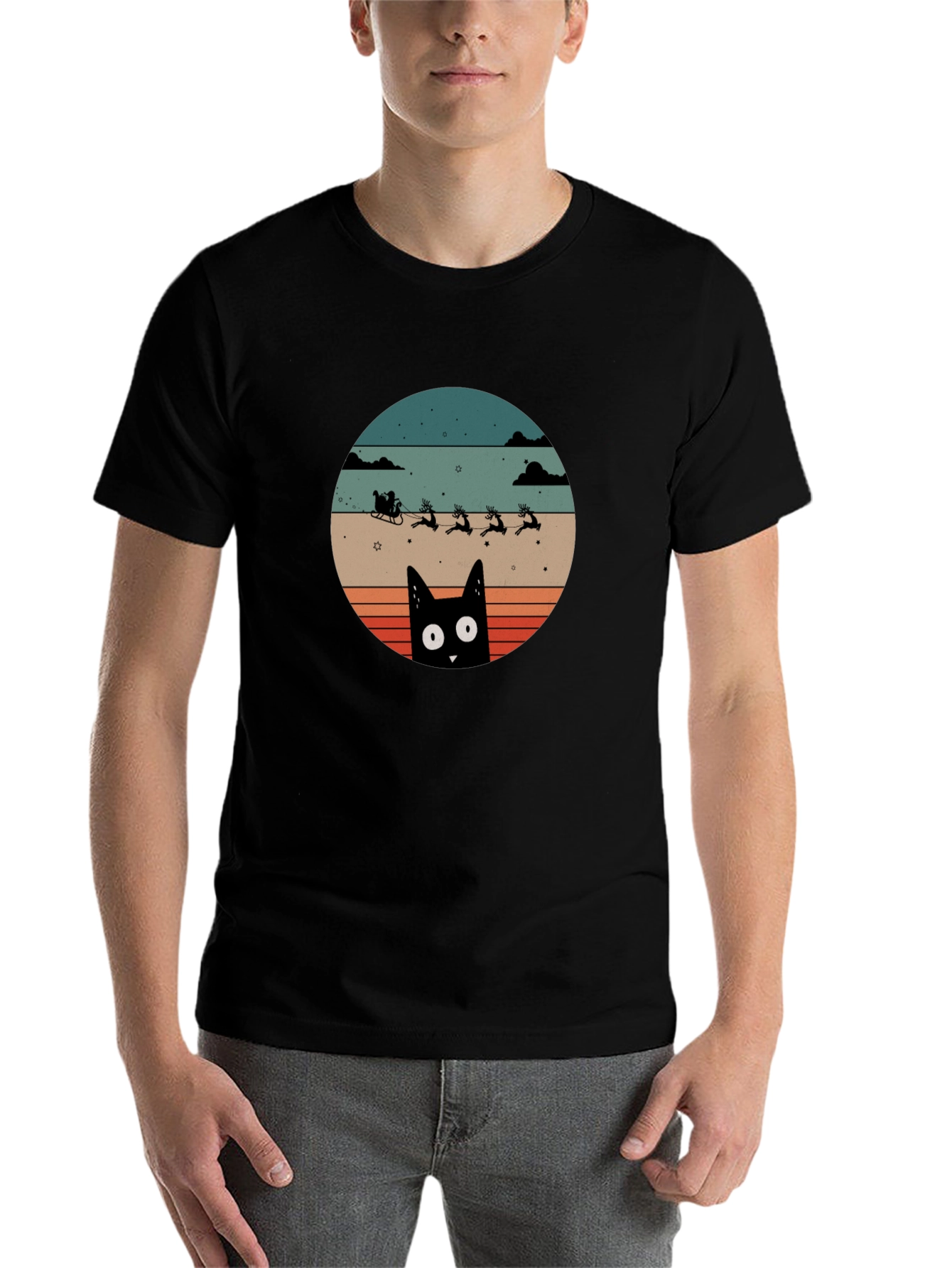Black Retro Cat Santa's Sleigh T-Shirt view 7