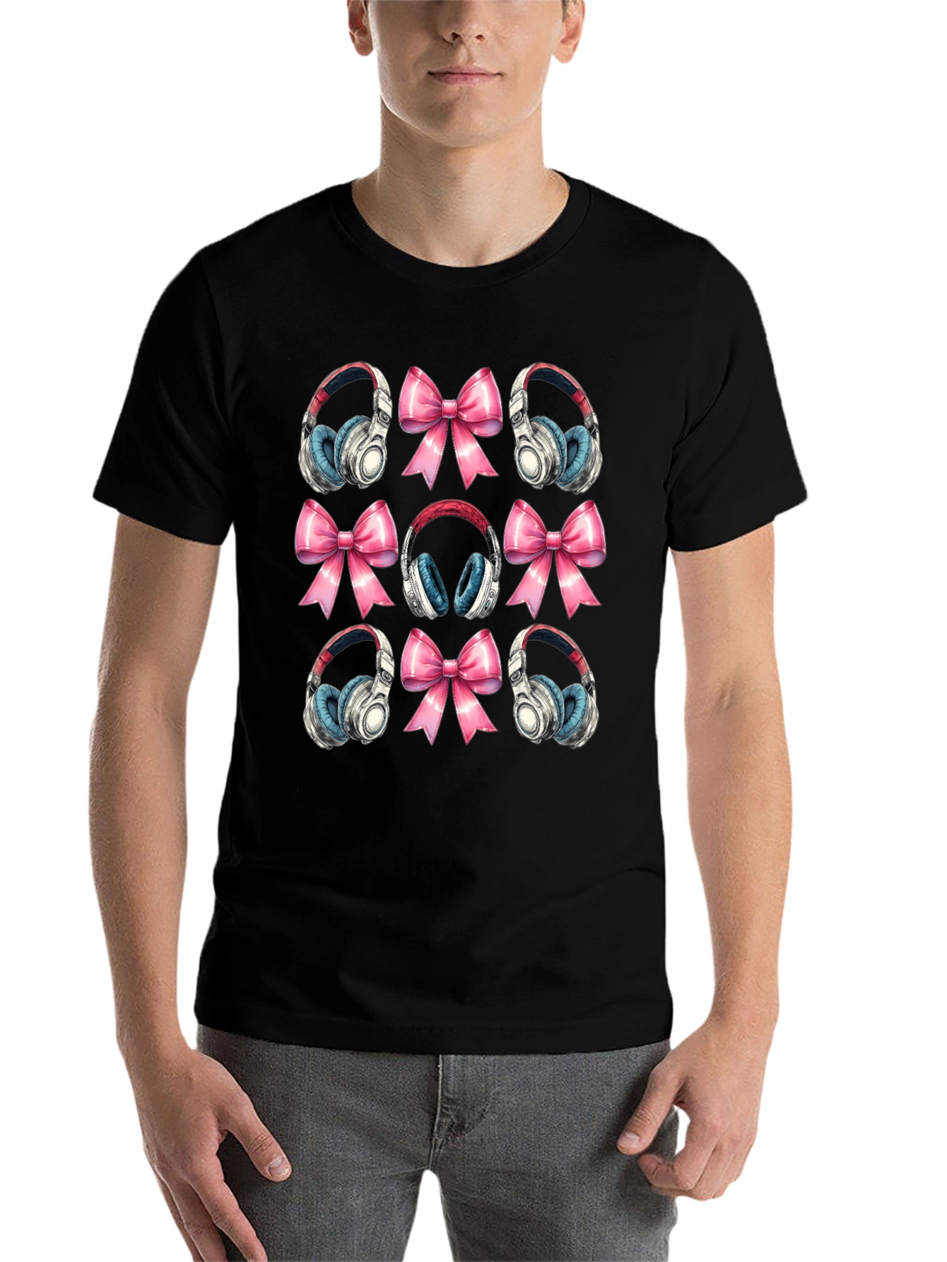 Black Headphones and Bows Pattern T-Shirt view 7
