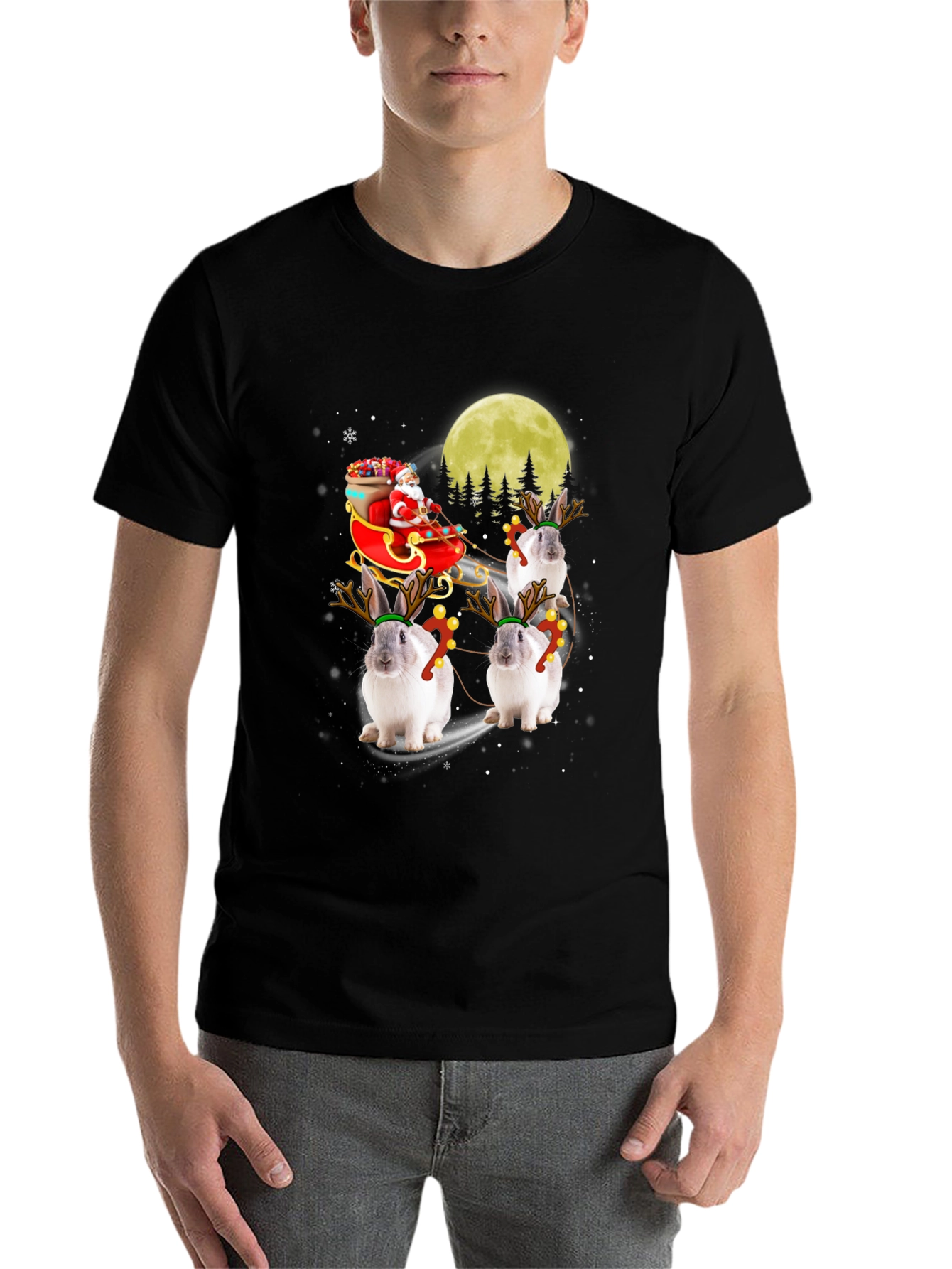 Black Christmas Bunny Reindeer T-Shirt view 7