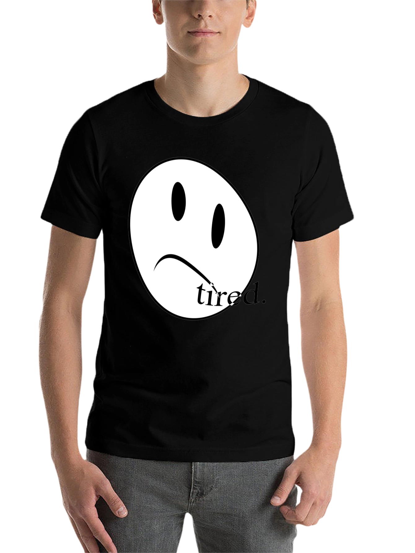 Black Sad Face Tired T-Shirt - Unisex Cotton Tee view 7