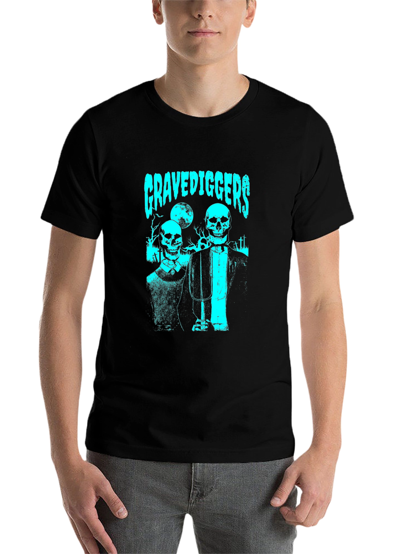 Black Gravediggers Skeleton Couple Graphic Black T-Shirt view 7