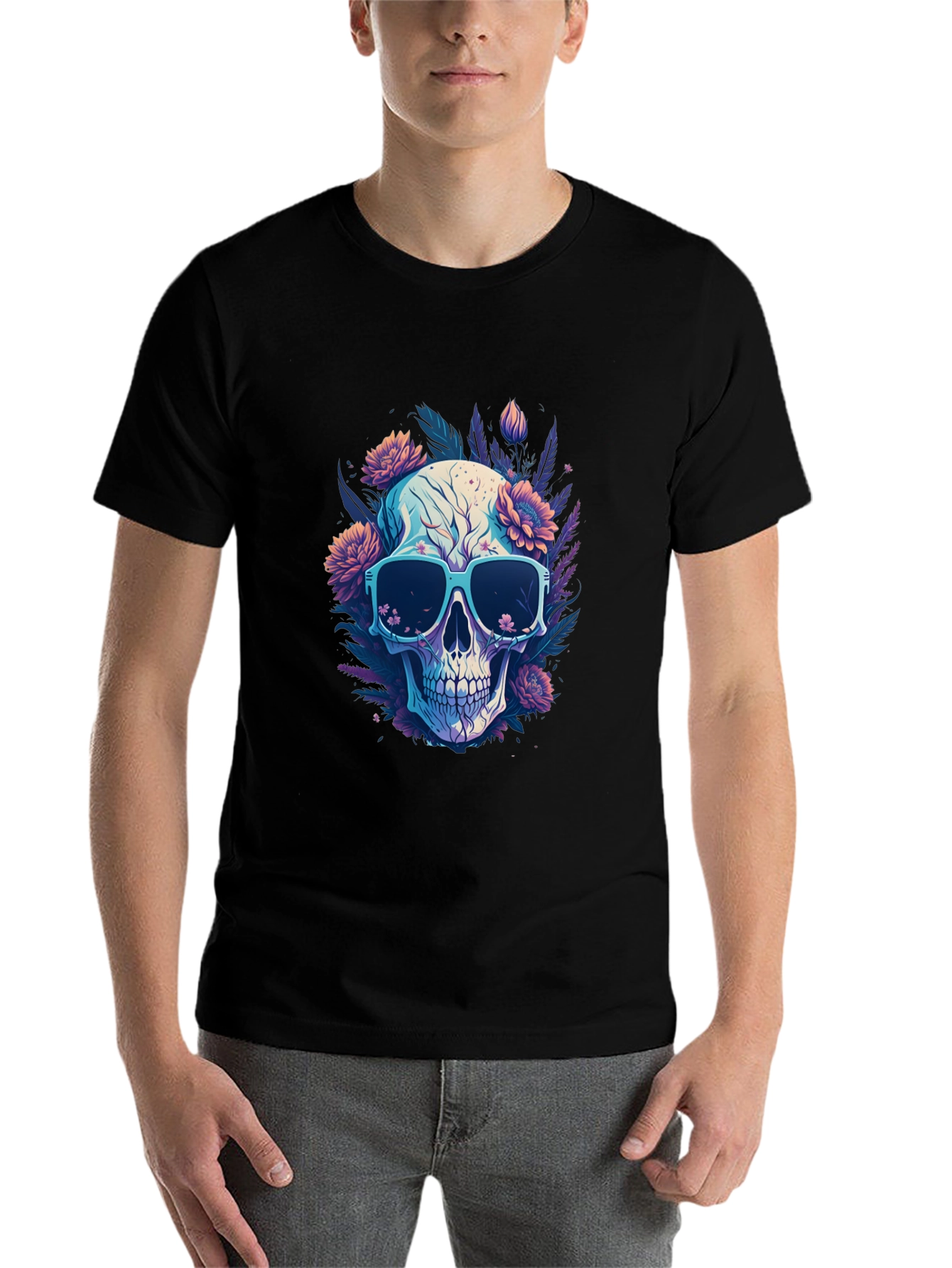 Black Skull and Flowers Graphic T-Shirt - Cool Style view 7
