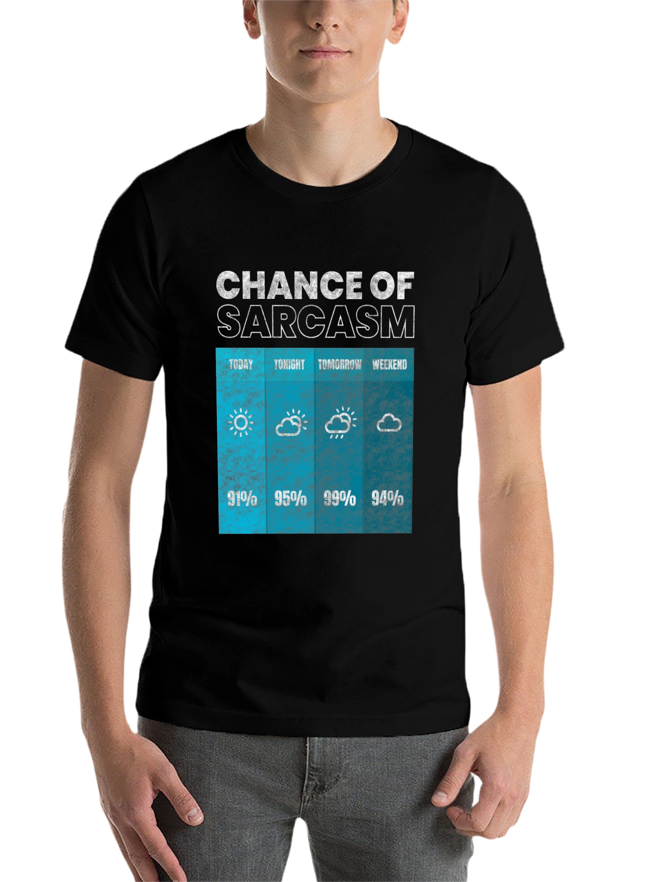 Black Sarcasm Weather Forecast Graphic Tee view 7
